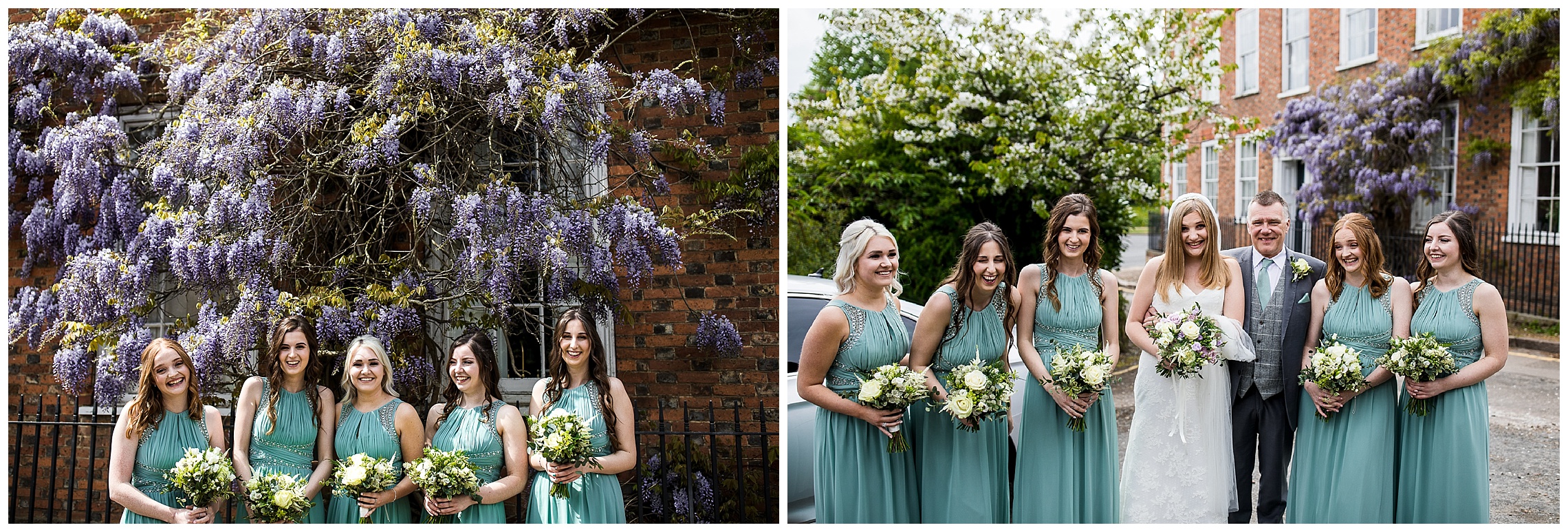 Brides in mint dresses surround bride in front of brick wall with wisteria