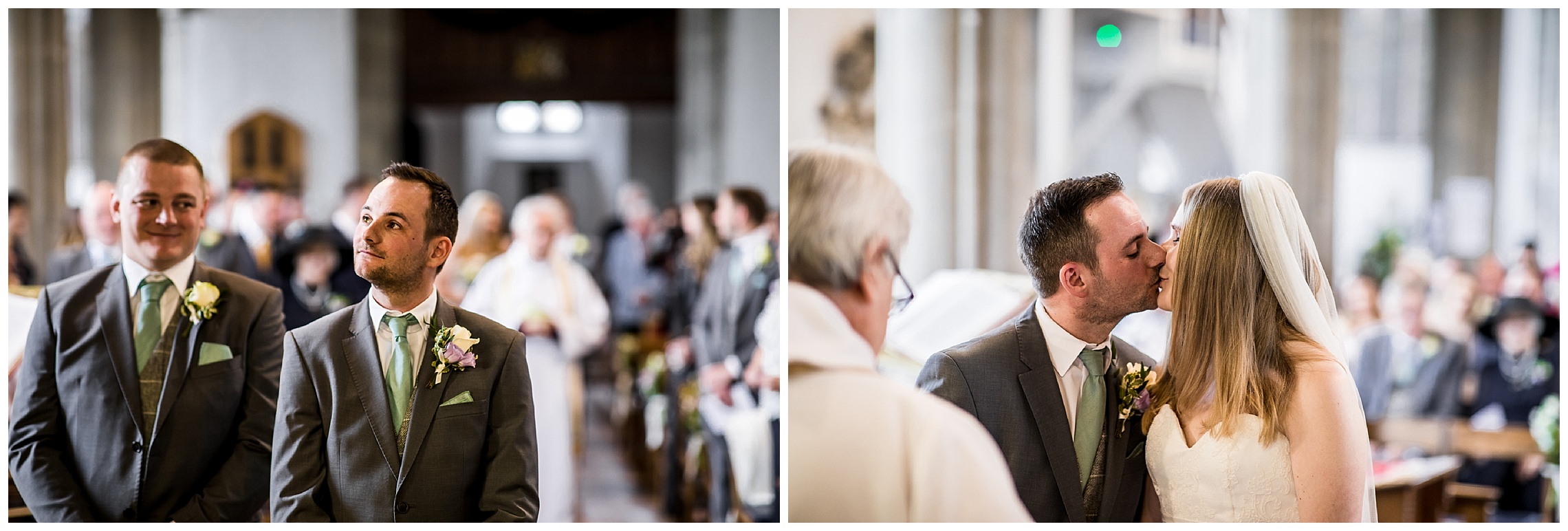 Groom looks at best man at end of aisle in ampthill church