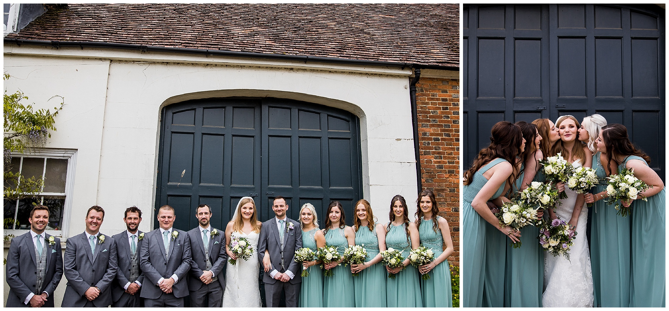 bridesmaids and groomsmen wearing mint and grey with white flowers