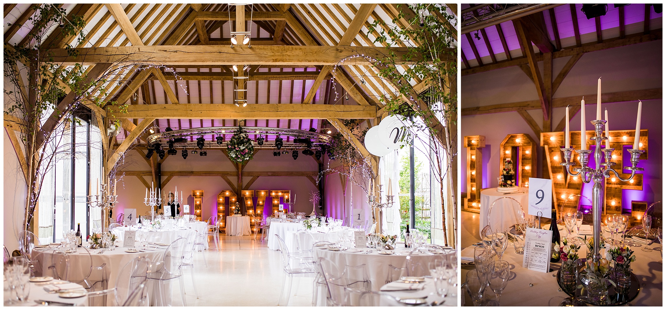 barn wedding venue with pink uplights and wooden love letters