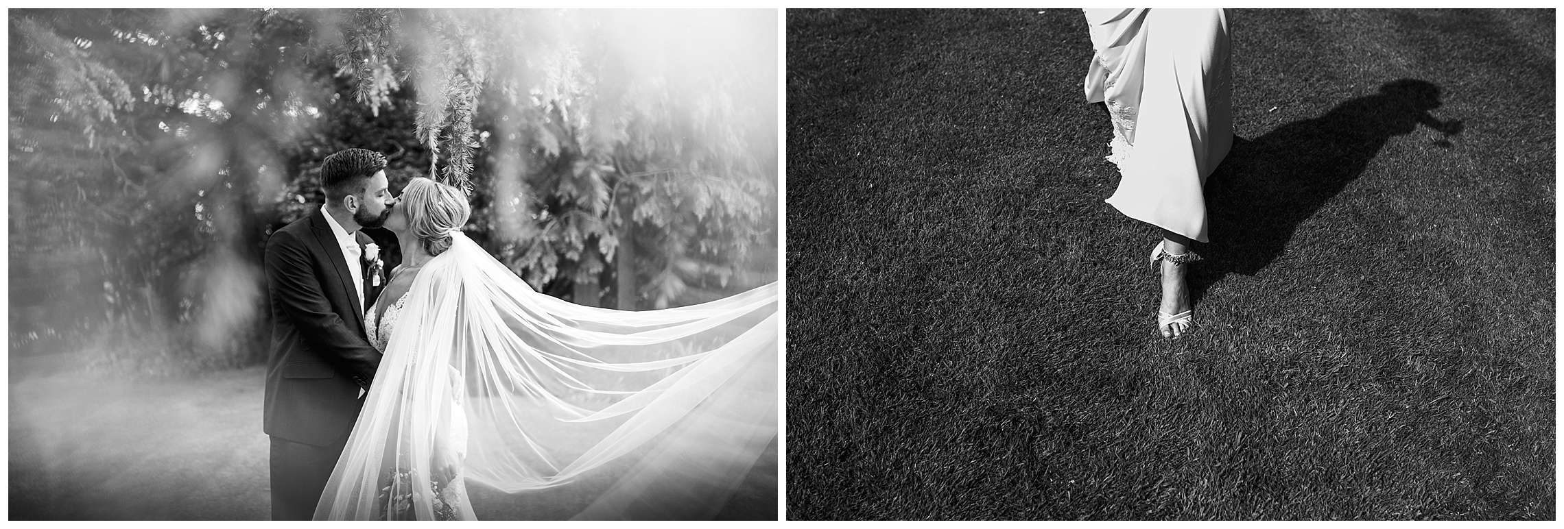 veil blowing in wind and wedding shoes