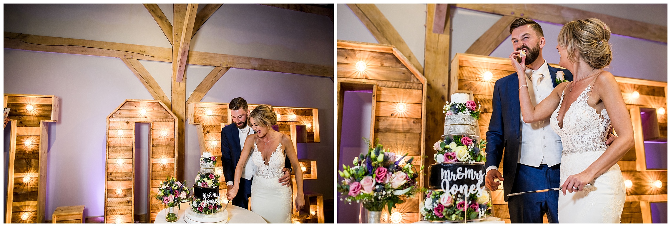 cutting cake in front of illuminated love letters at redhouse barn