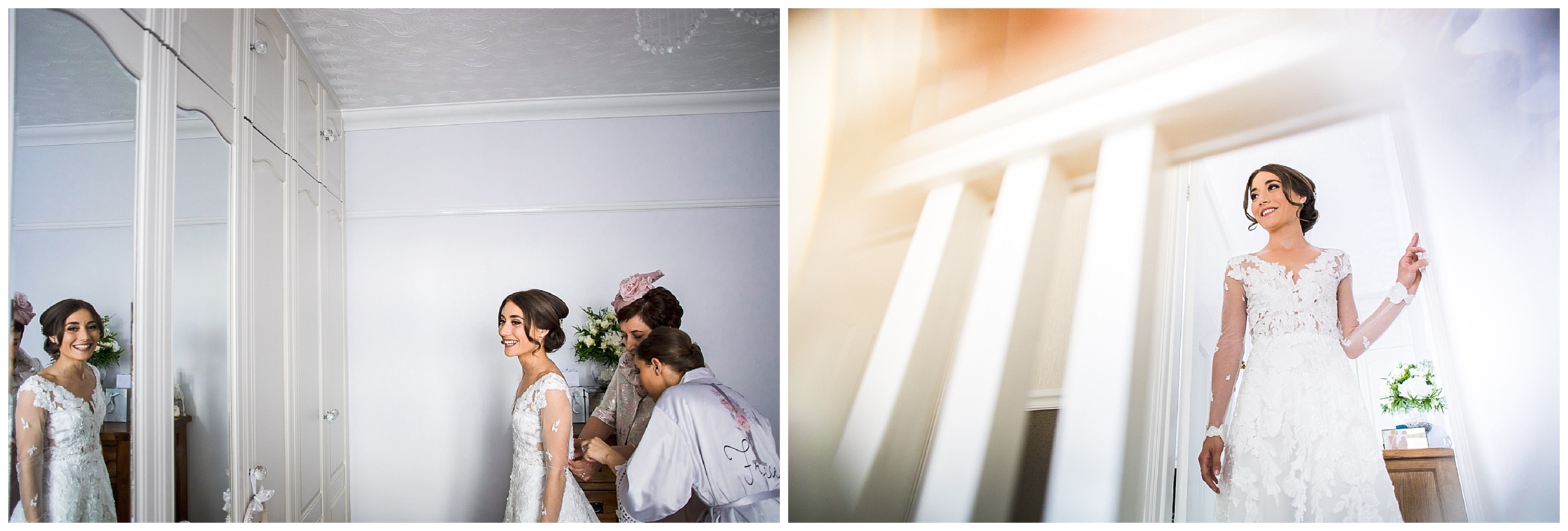 bride stood in bedroom, with dress being done up by mum