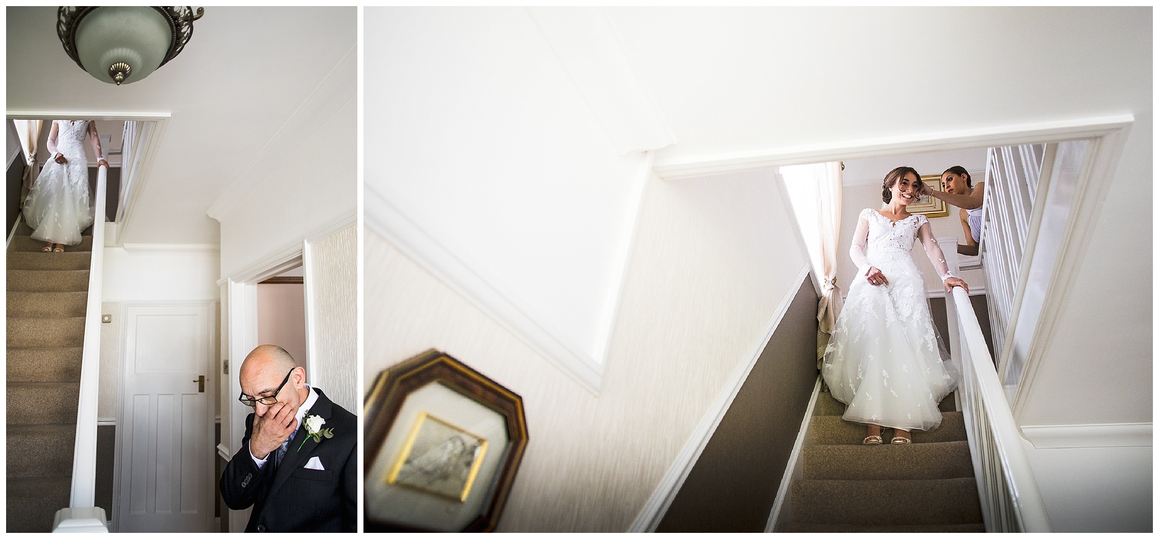 nervous father of the bride watches bride descend stairs in wedding dress