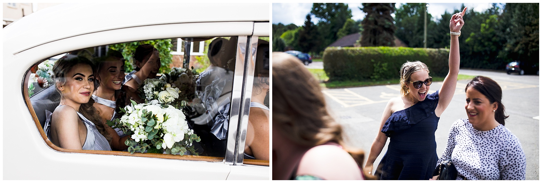 wedding guests laughing outside on sunny day