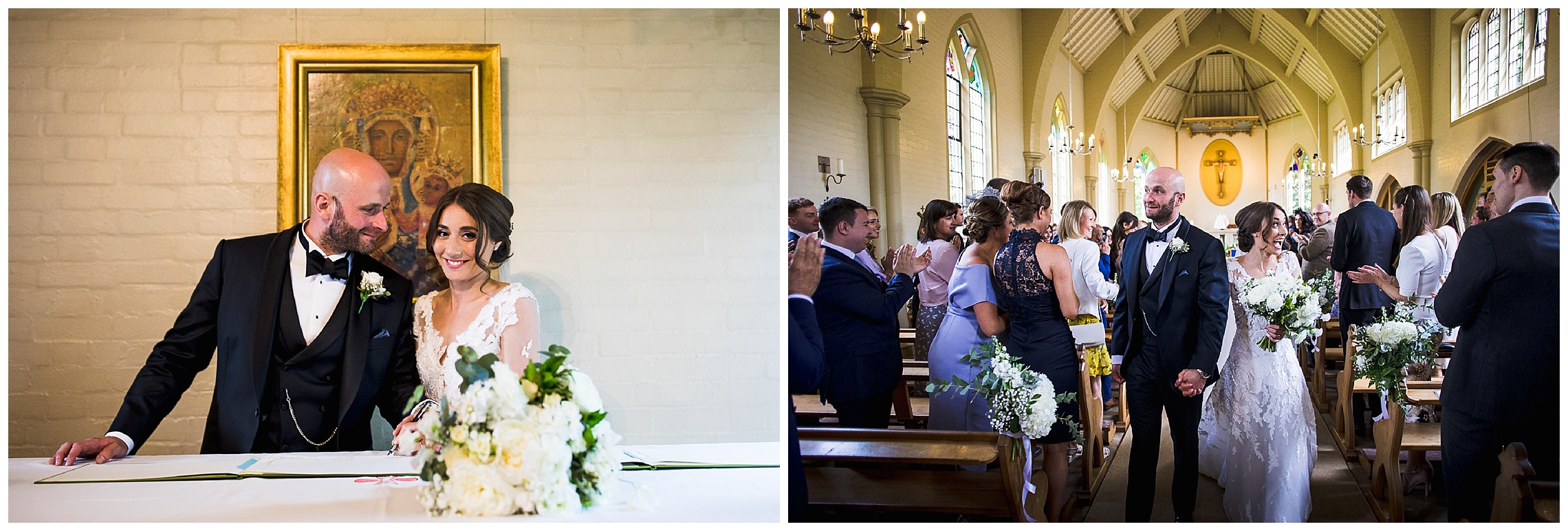 bride and groom signing register in catholic church wedding