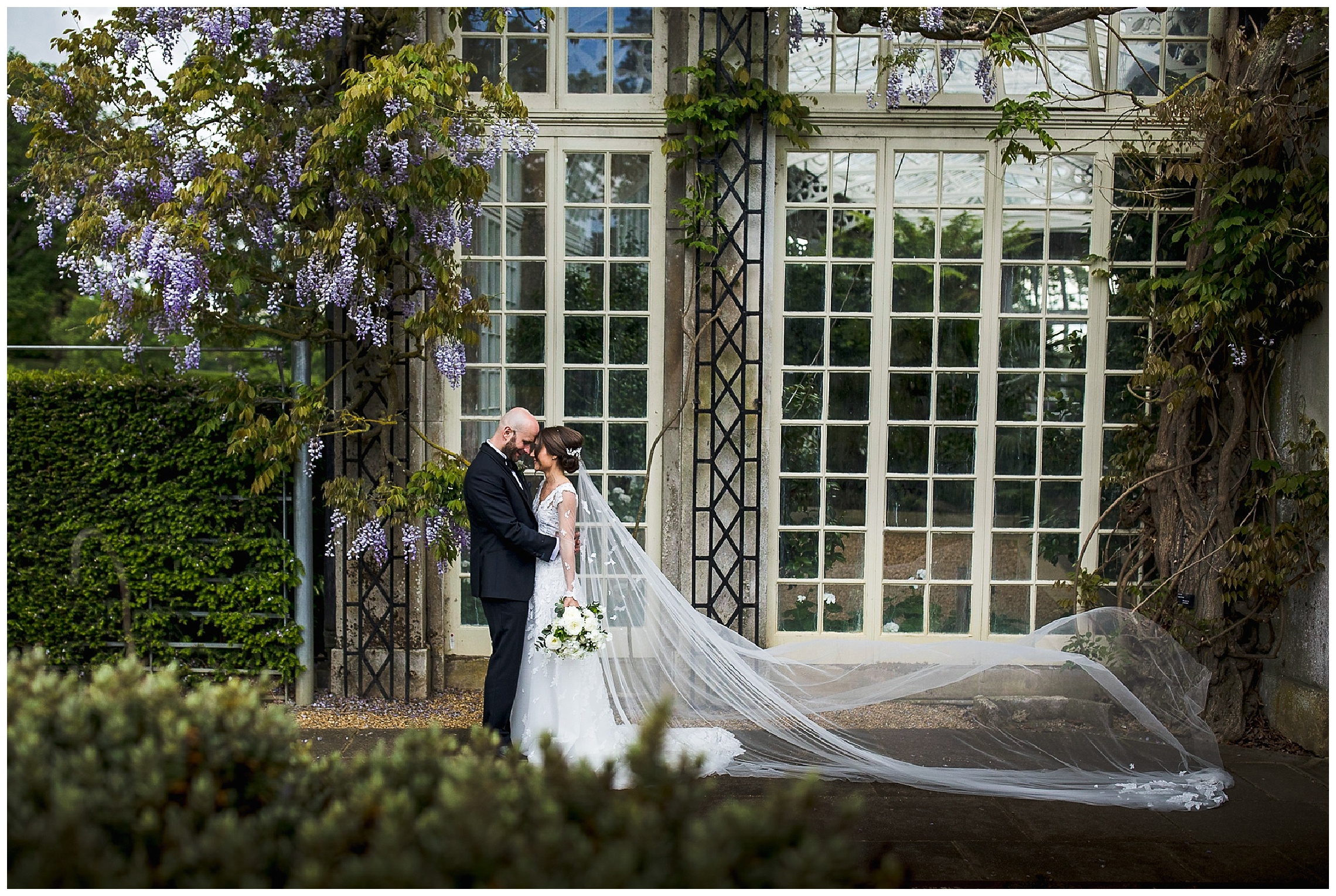wisteria outside building with bride and groom stood nearby