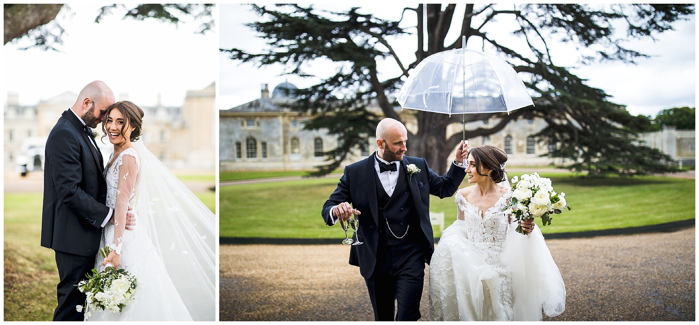 woburn weddings bride and groom smiling and walking together under umbrella