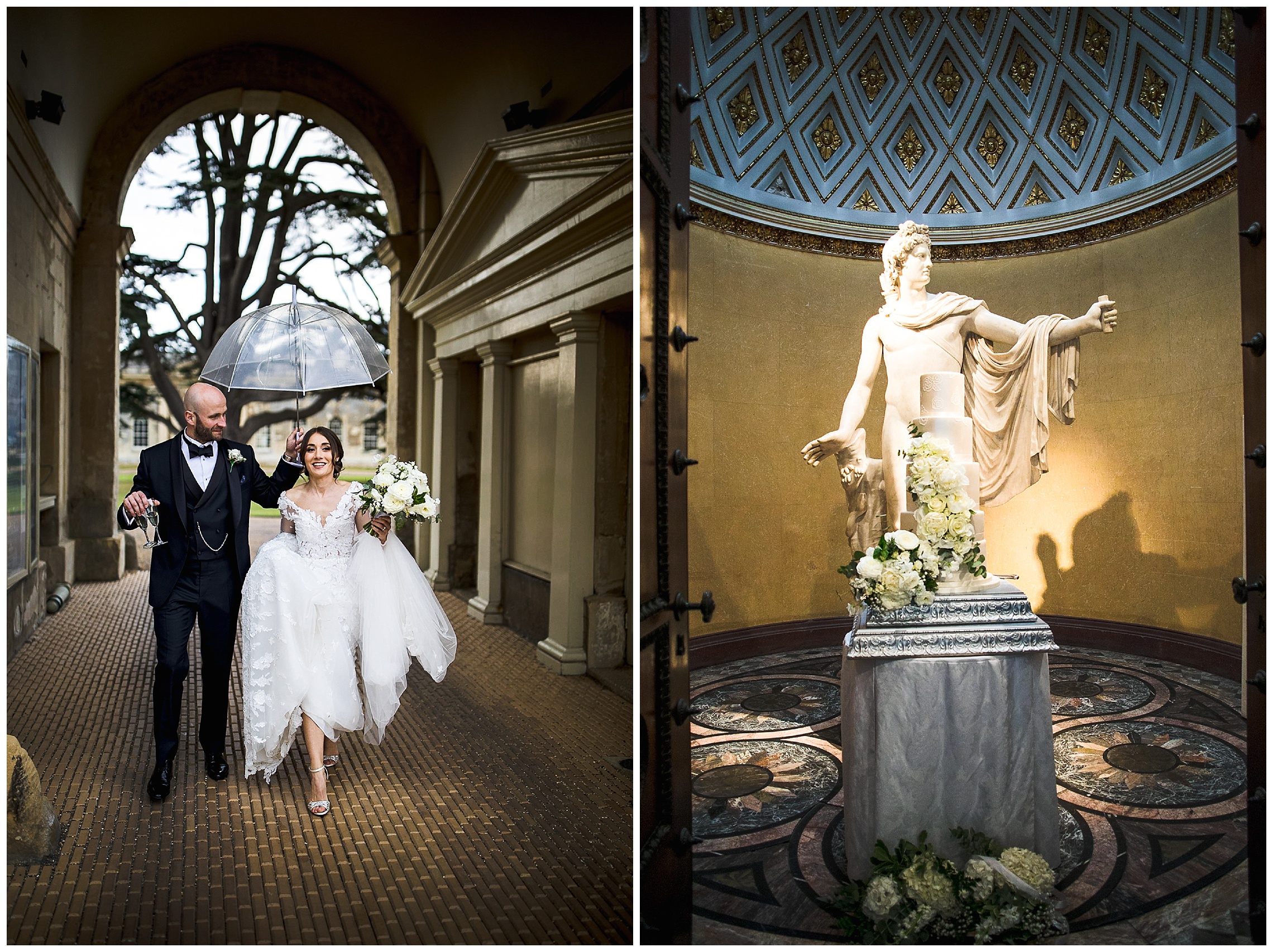 bride and groom walking under archway as wether changes