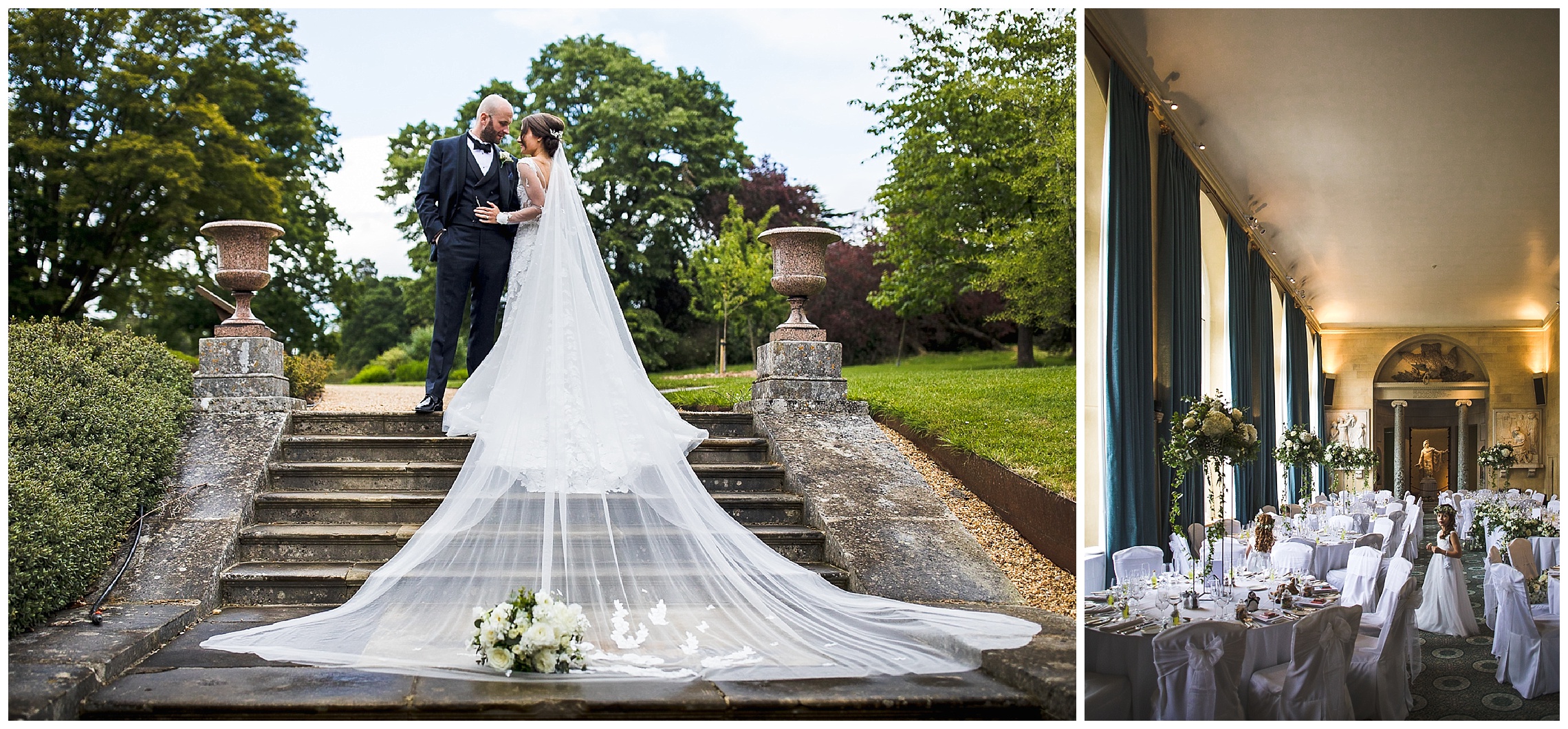 bride and groom on steps with long veil placed down them