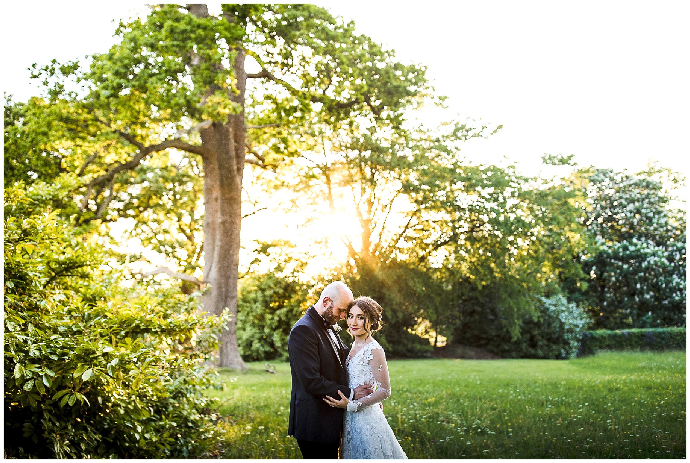 bride and groom during golden hour standby together smiling