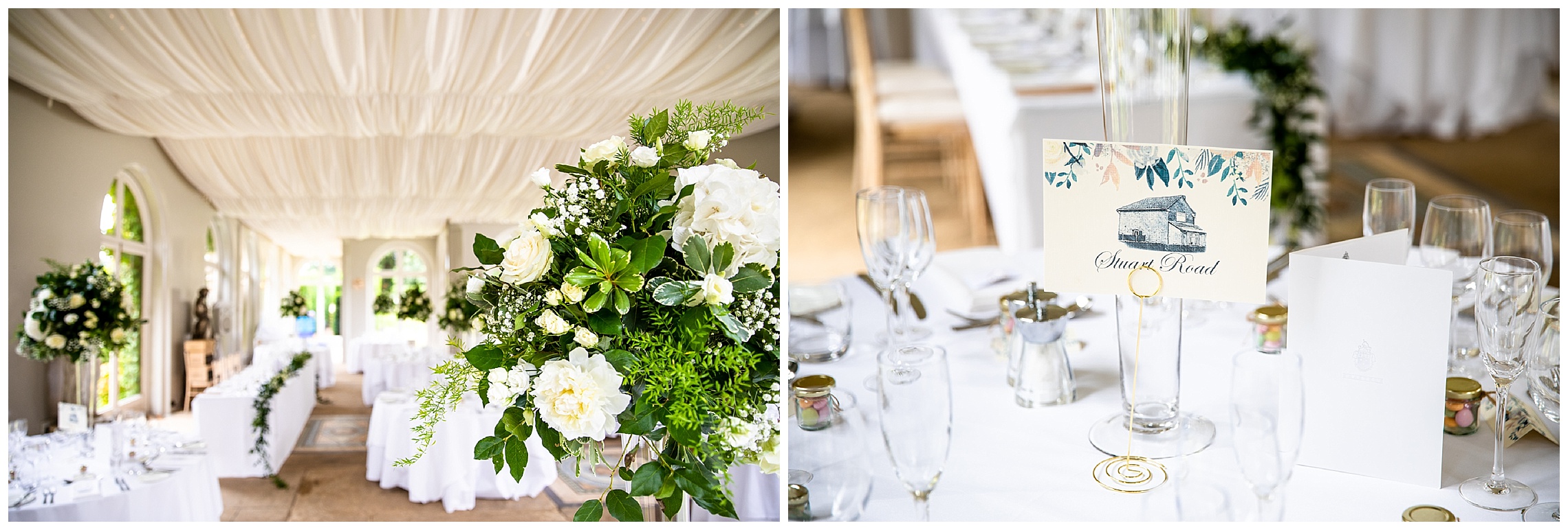 white florals in marquee light room