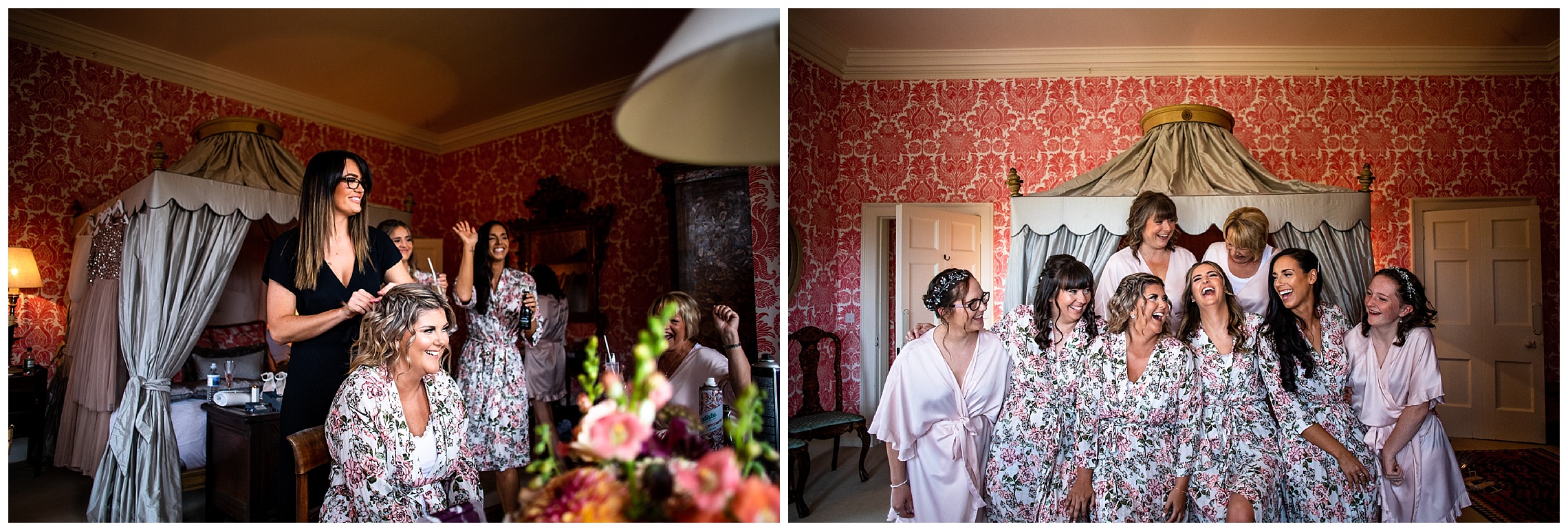 bridesmaids sat on end of pink canopy bed in dressing gowns