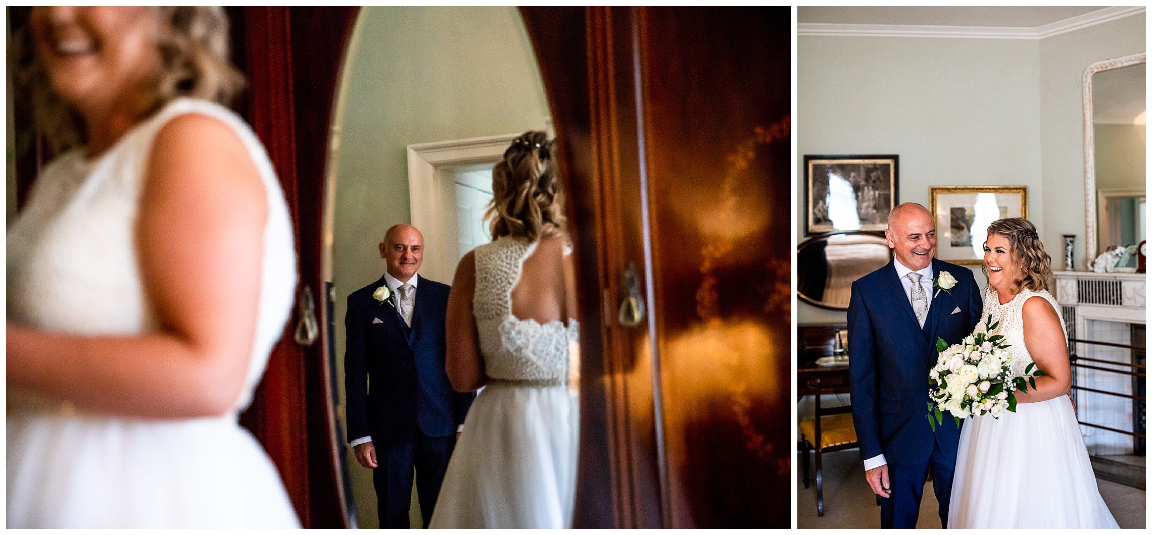father of the bride looks proud as he see's his daughter for the first time in her wedding dress