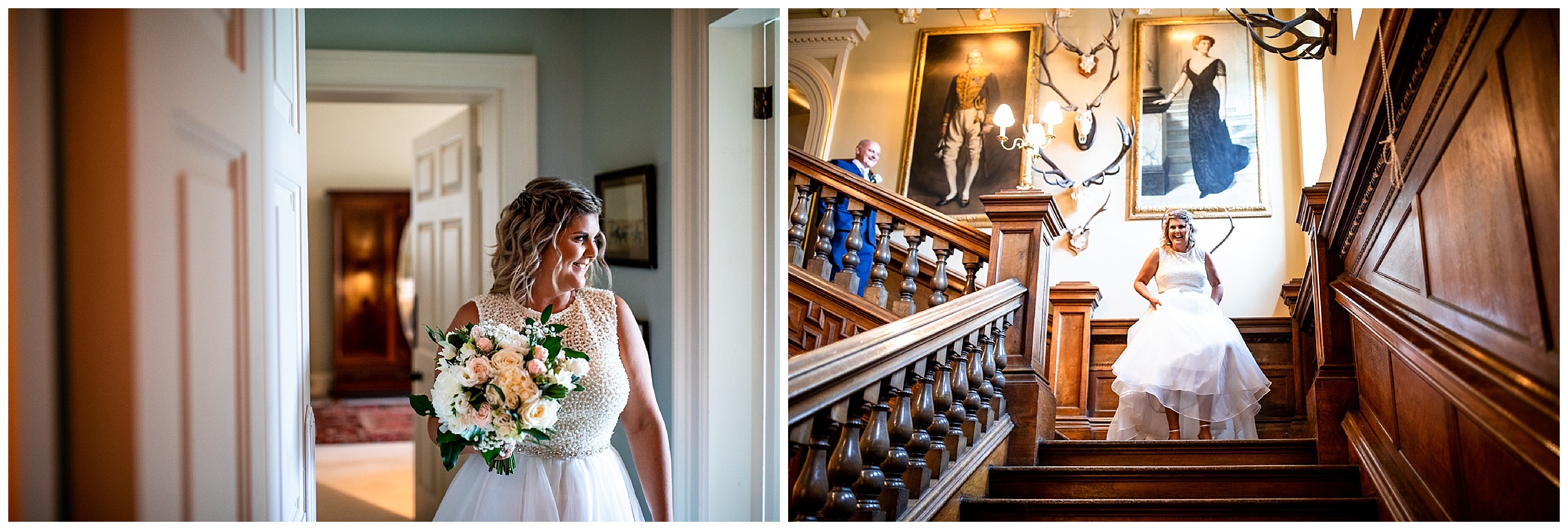 bride coming down stairs laughing at somerleyton hall