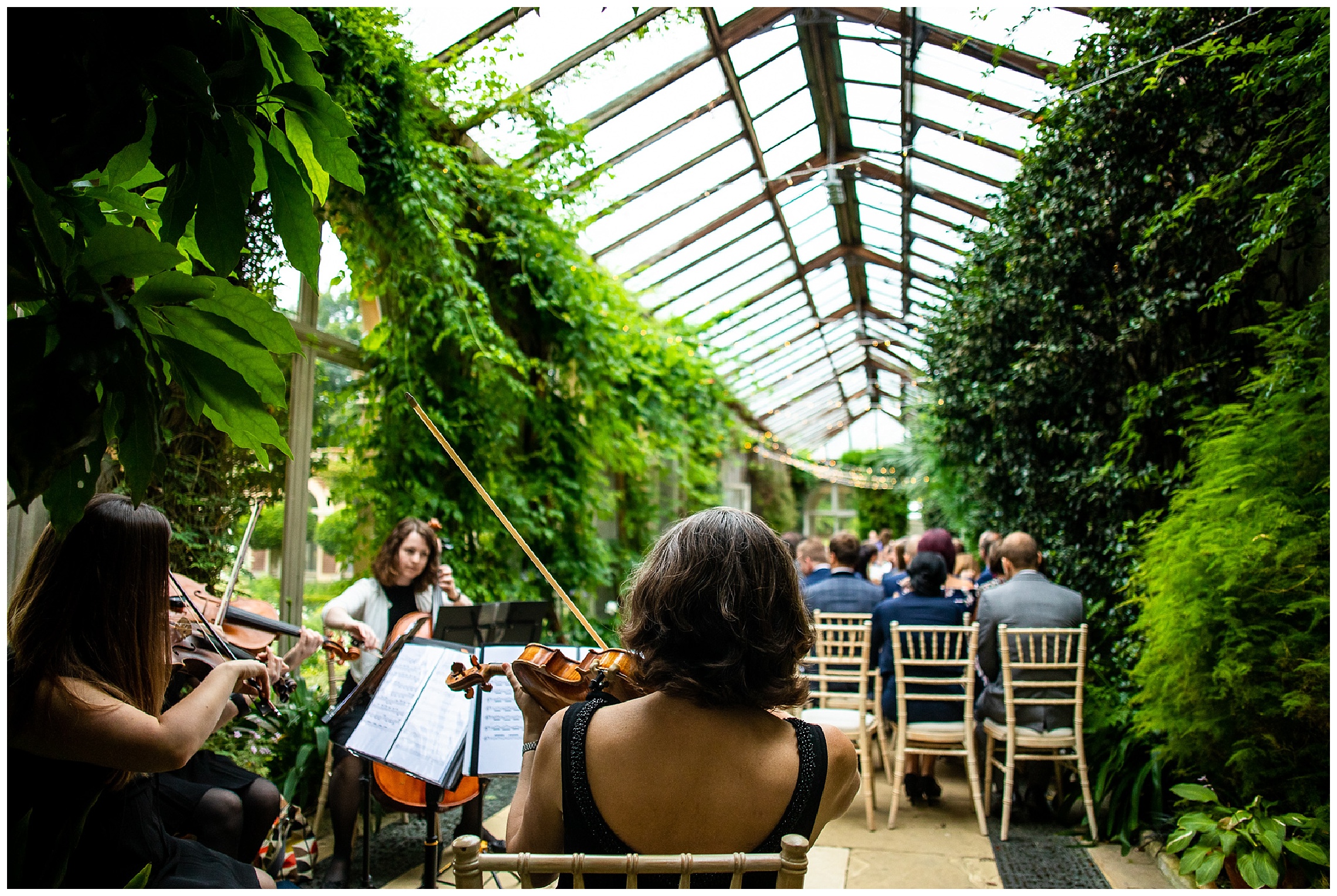 string group playing at end of ceremony room at somerleyton hall