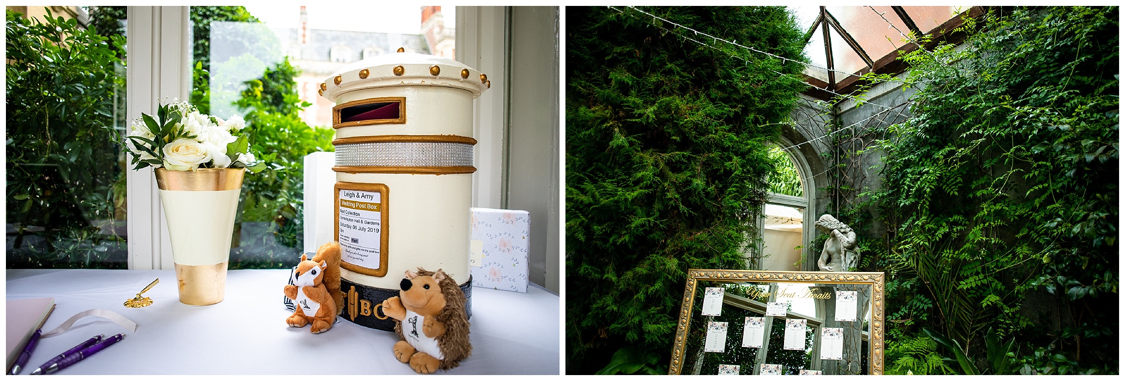 white post box with soft toys and wedding guest book in front of window at somerleyton