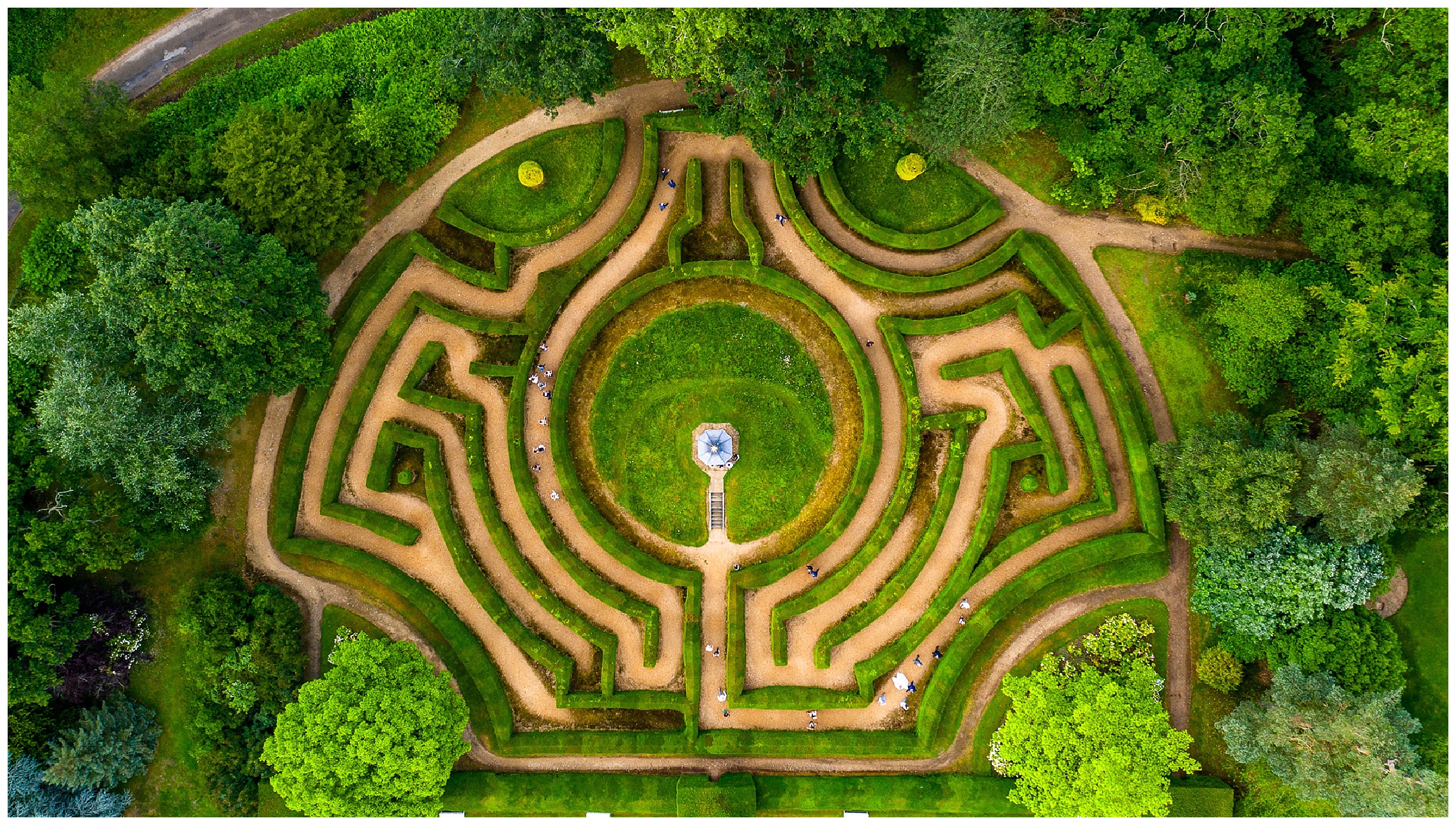 aerial shot of somerleyton halls maze