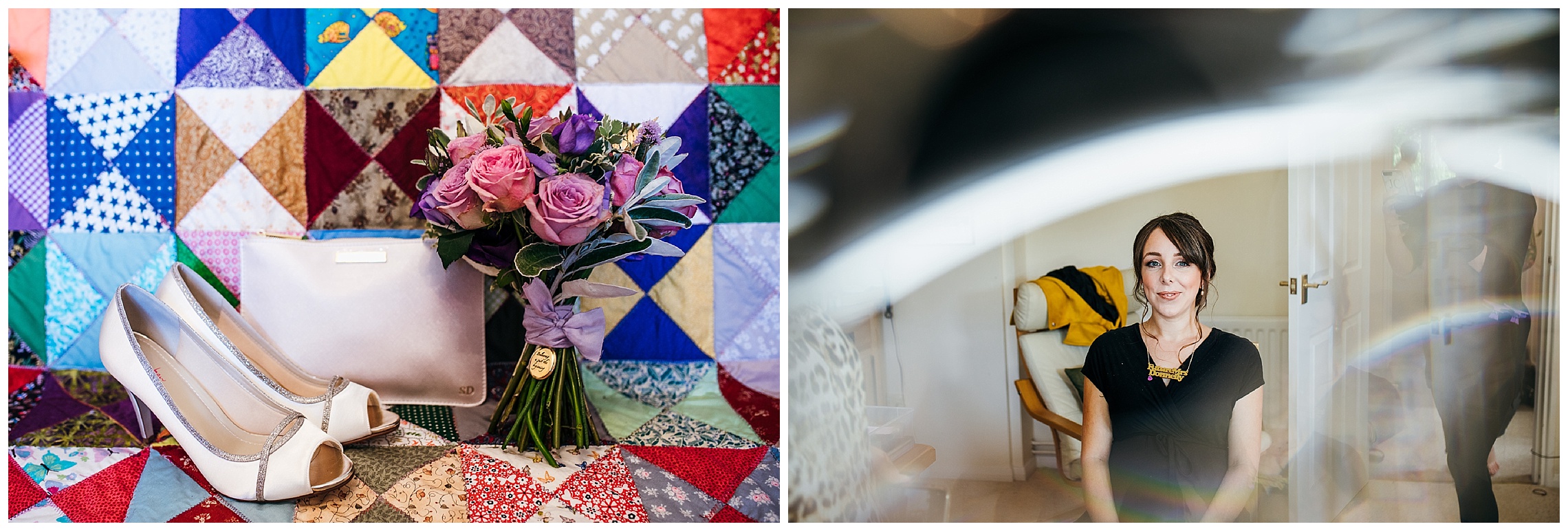 colourful bridal bouquet on patchwork quilt alongside silver glitter and ivory shoes