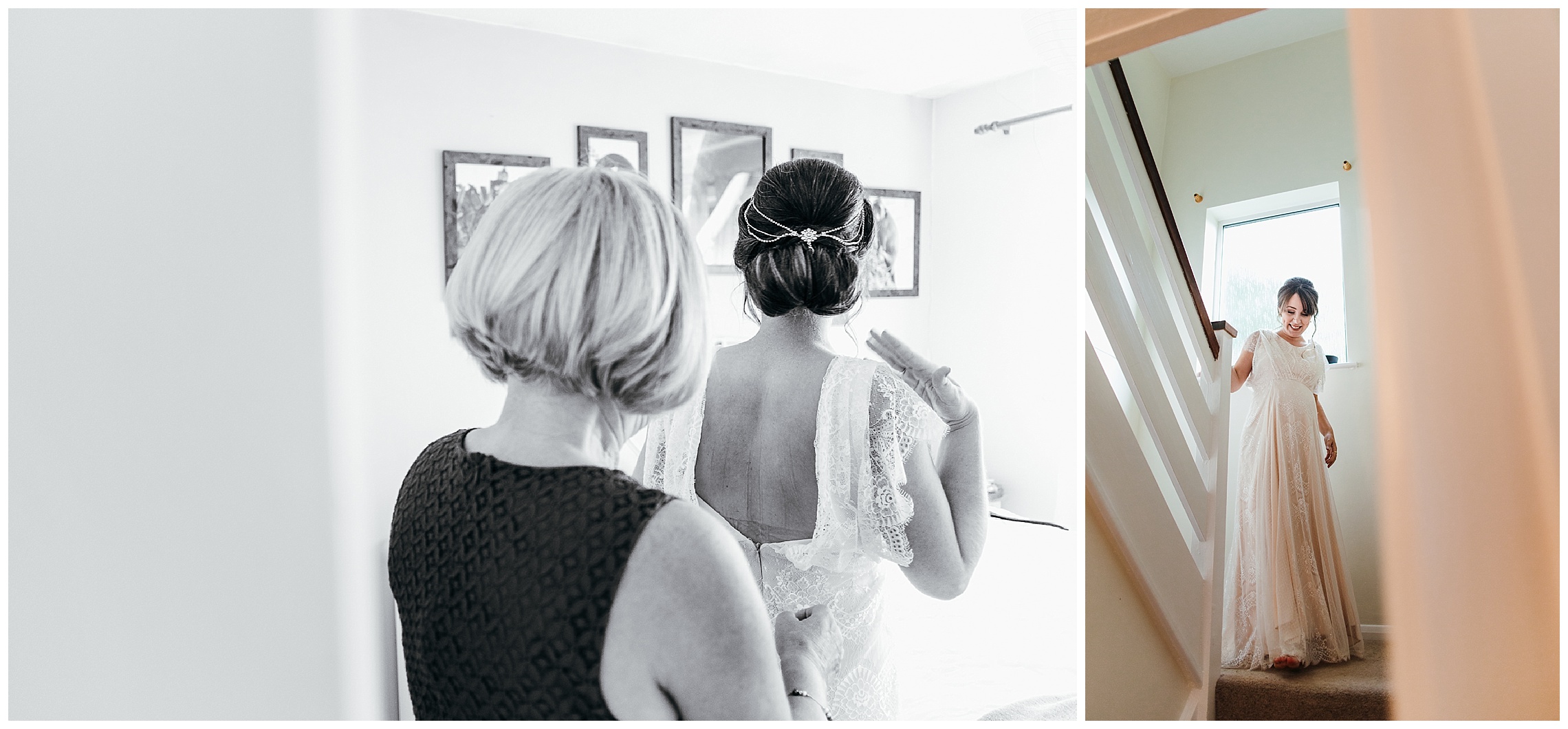 bride having dress put on by mum