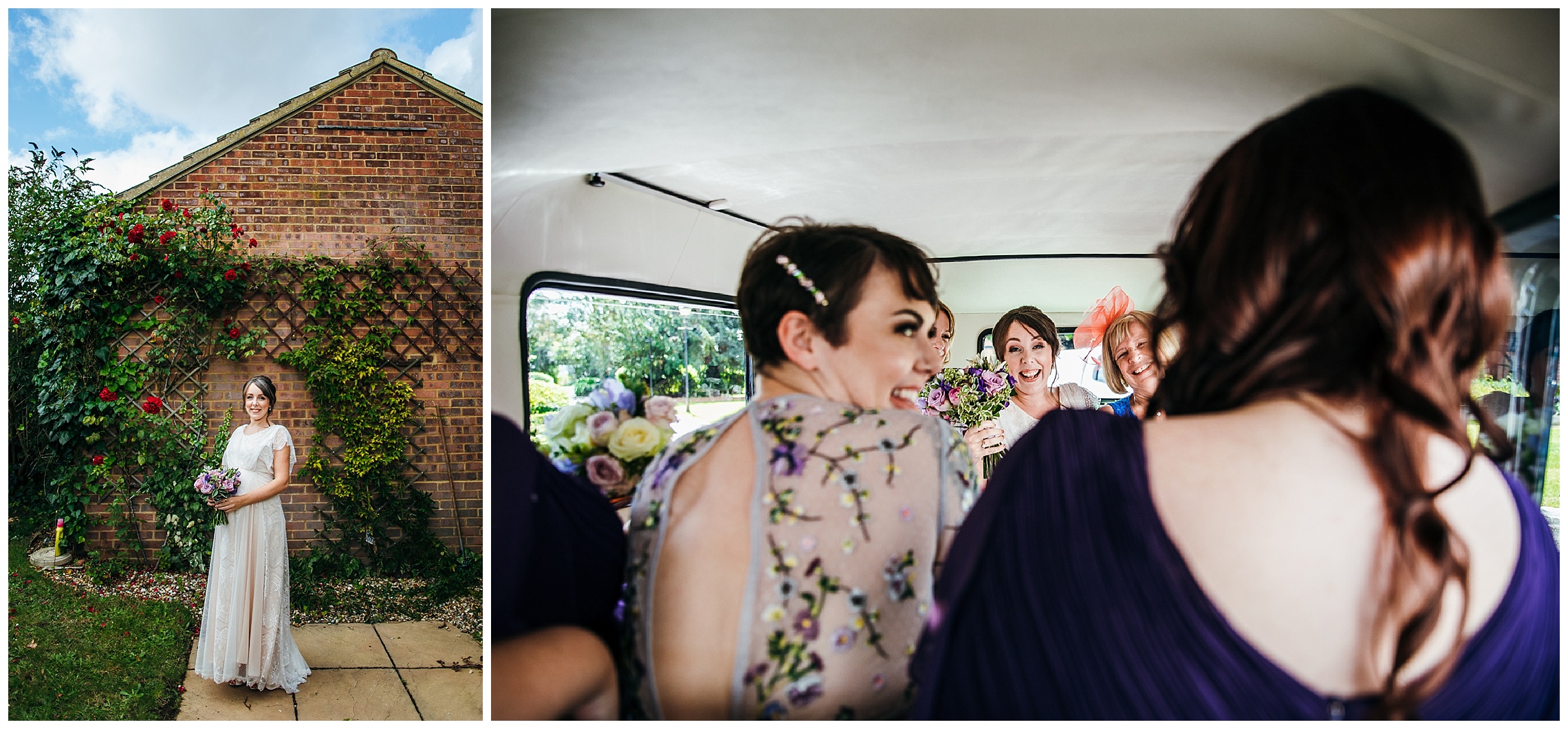bride laughing in bridal car with bridesmaids around her