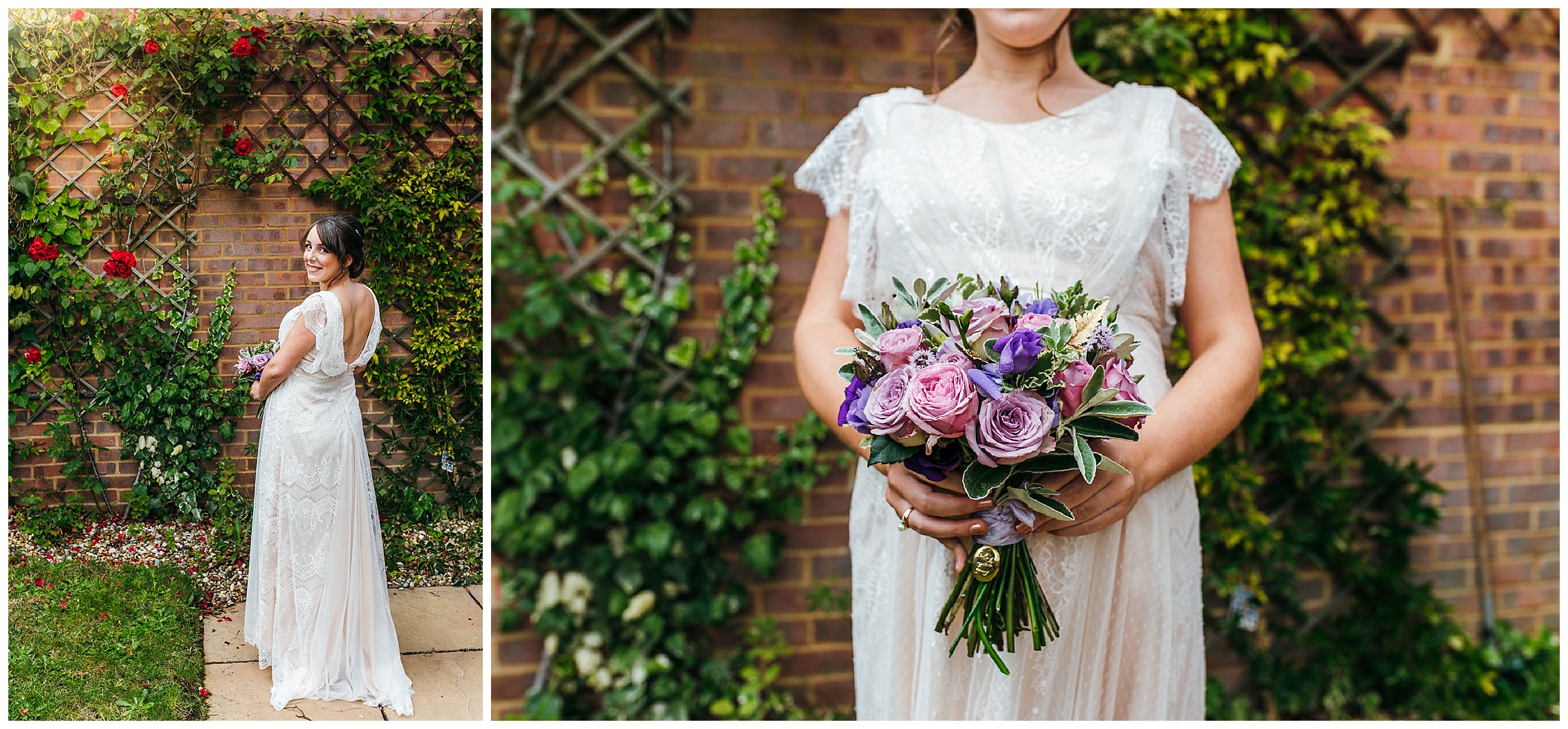 bride stood in garden, close up image of her colourful pink and purple bouquet