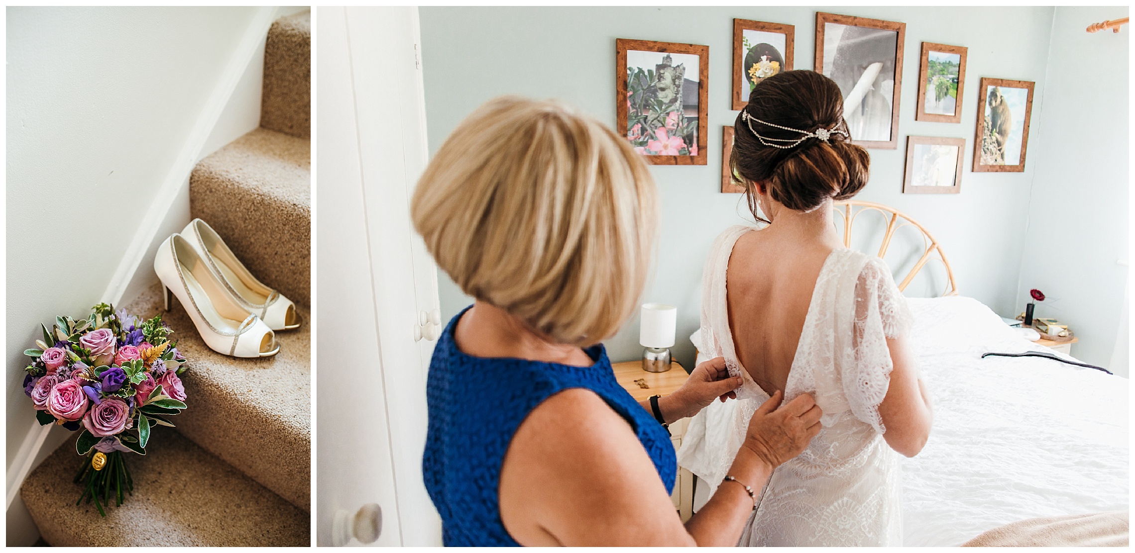 mother of bride helping bride into low back wedding dress in blue bedroom