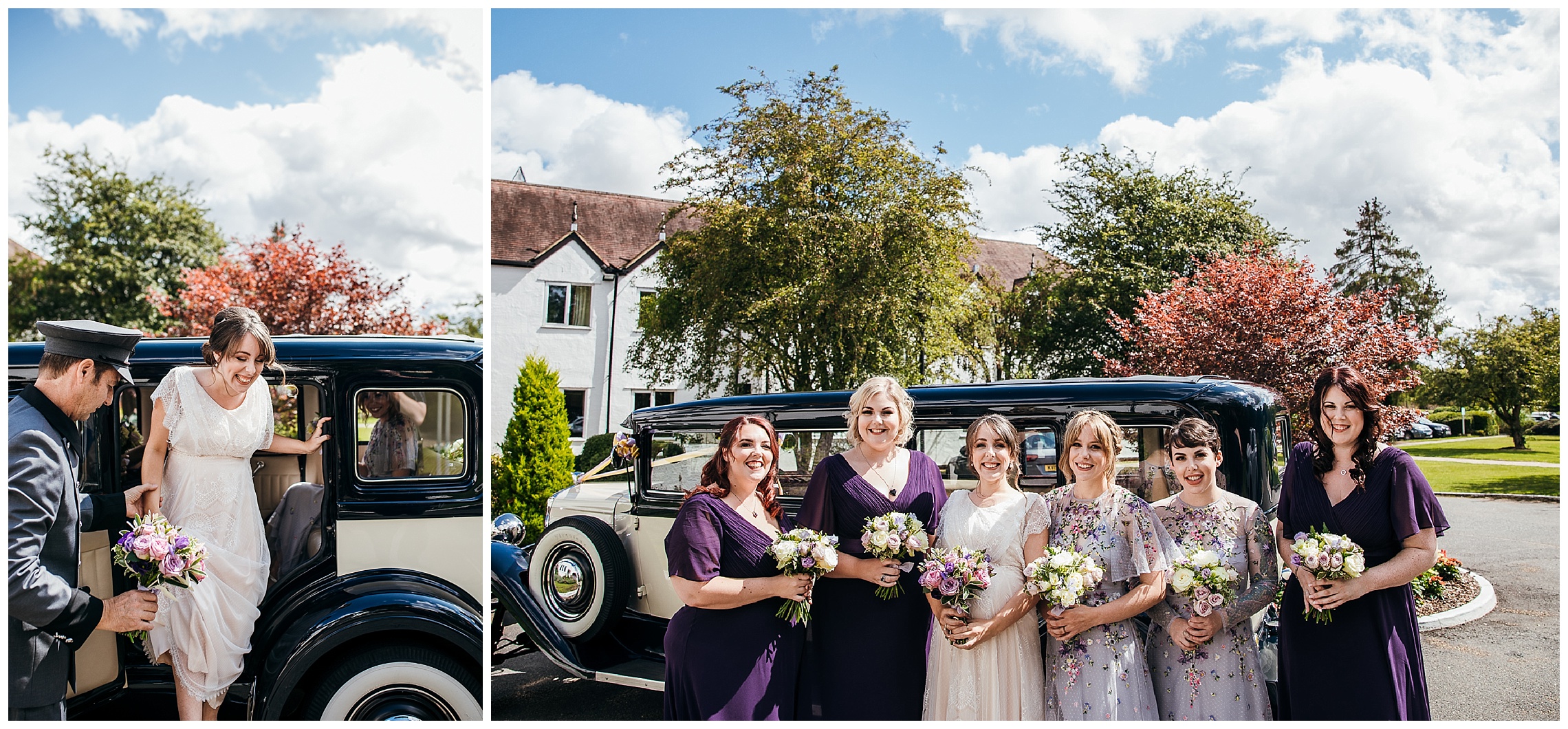 bride in lacy vintage dress with bridesmaids in different shades of purple dresse s