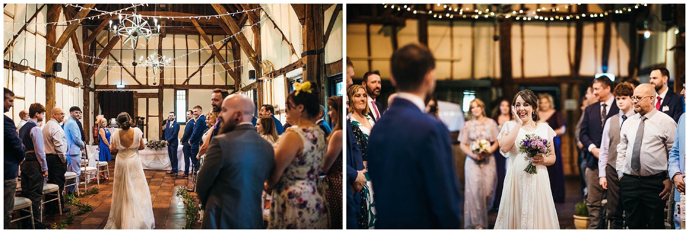 bride walks towards groom in barns hotel as he smiles at her