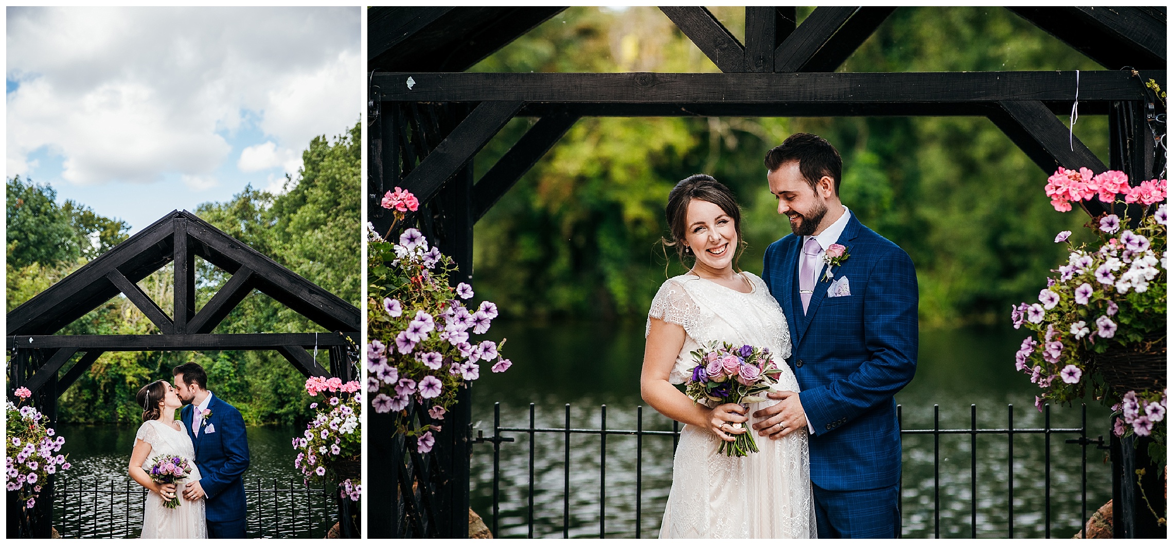 bride and groom in front of river ouse at bedford barns hotel smiling