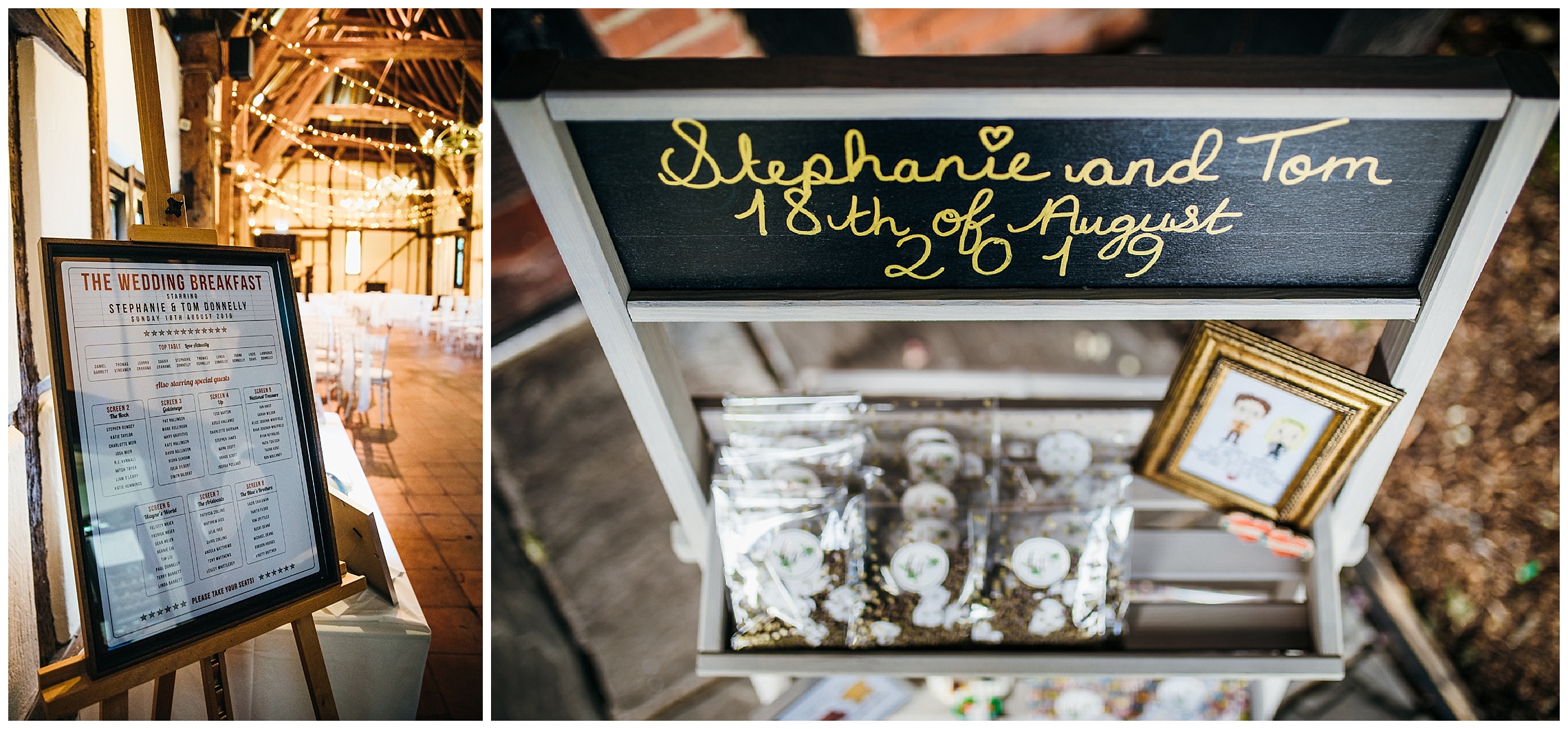 film based wedding venue decorations in gold and wooden frames