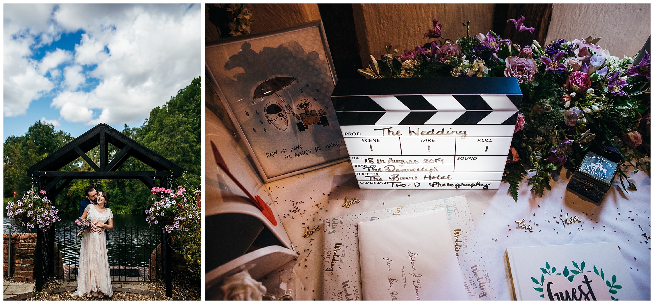 film style wedding details, clapper board lit up