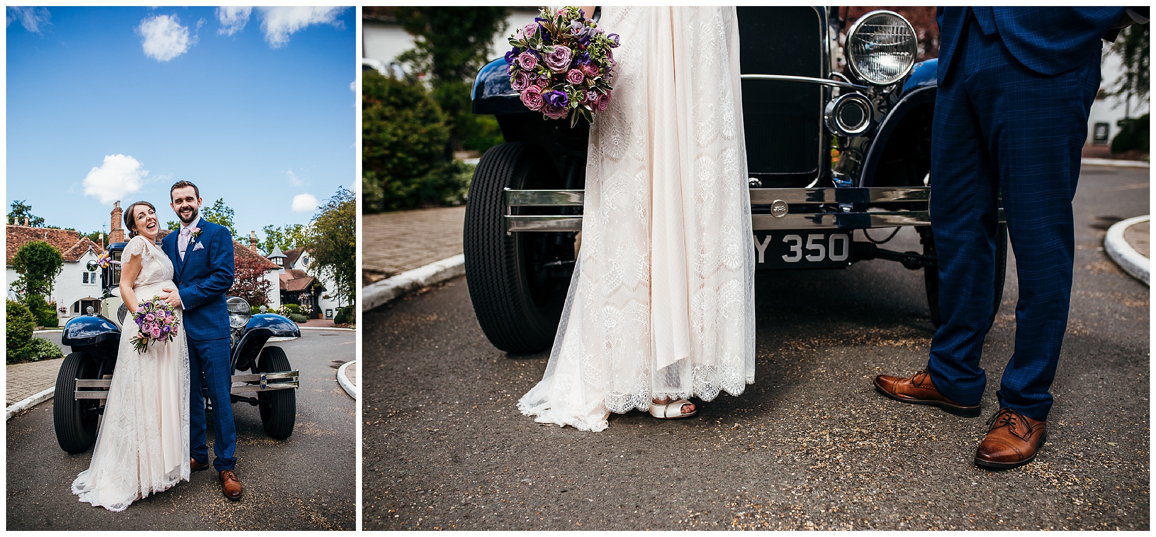 details of lace vintage wedding dress and blue suit with brown shoes