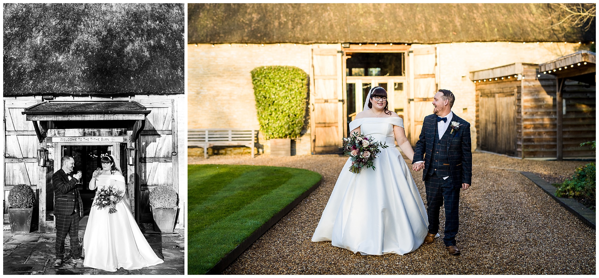 tythe barn in launton outdoors with bride and groom