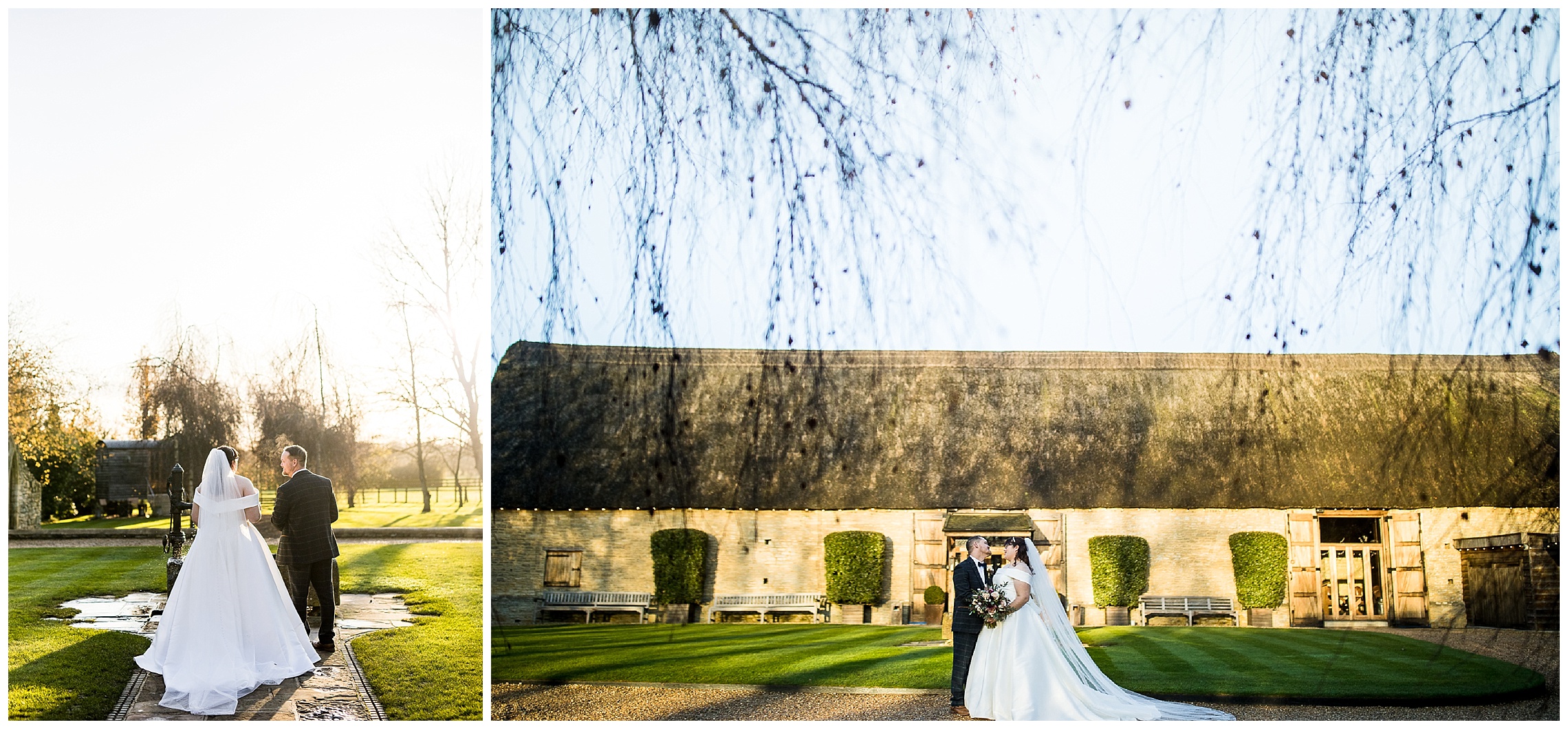 bride and groom walking away with sun setting over tythe barn in launton