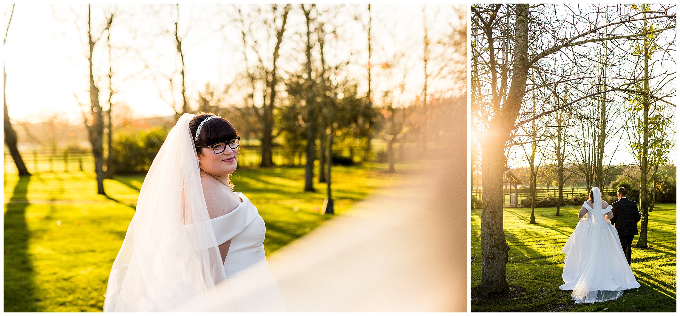 bride looks over shoulder as veil blows in wind