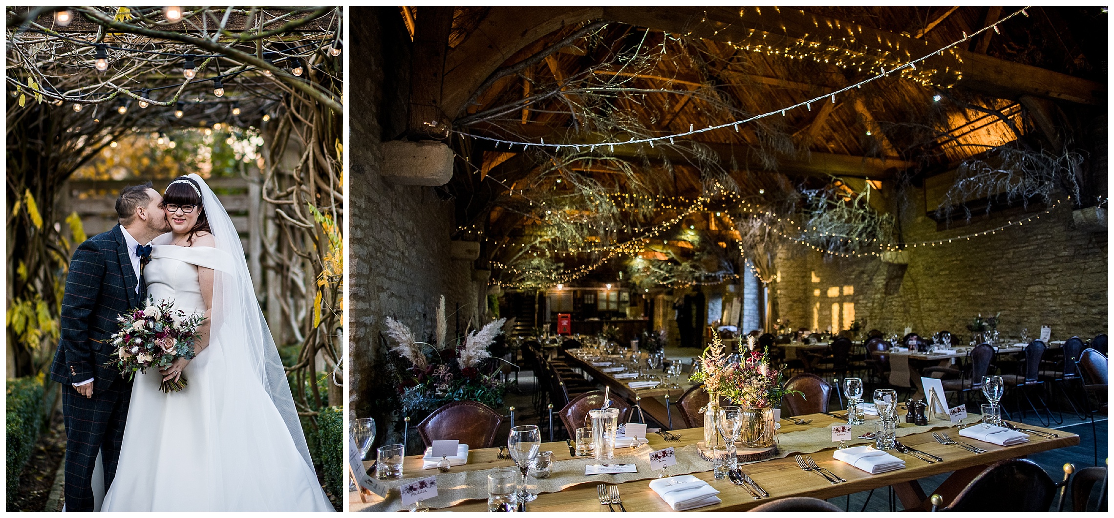 barn venue with winter florals, film themed tables and fairy lights