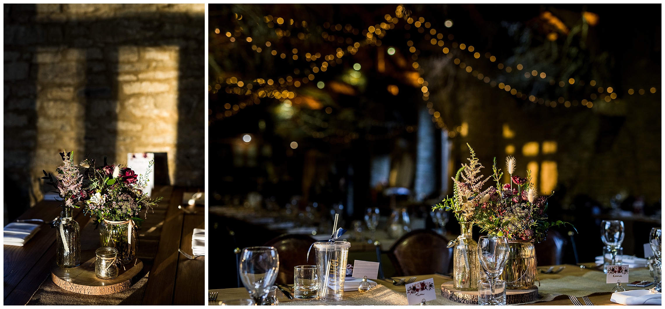 barn venue in low light with fairy lights