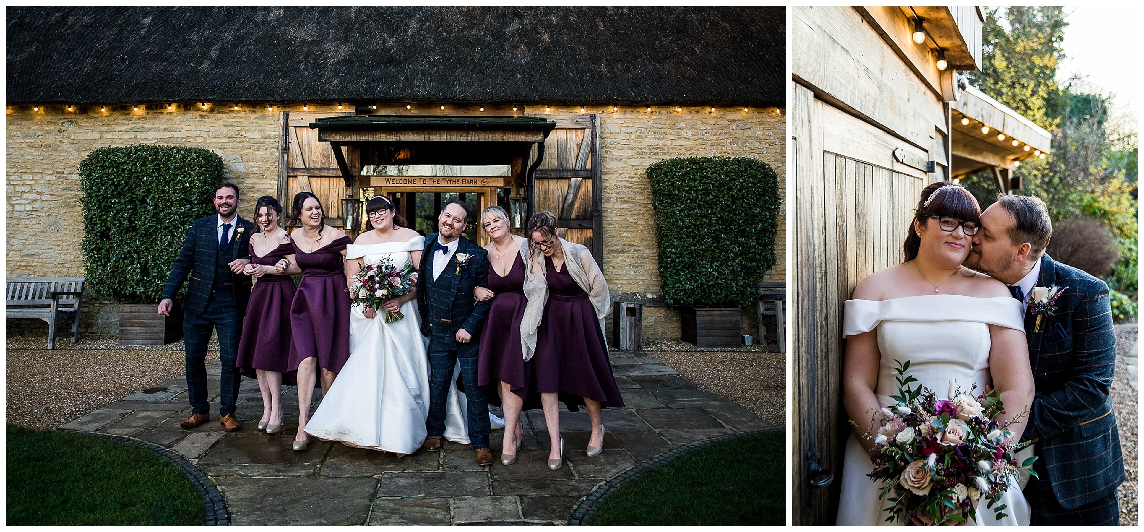 bridesmaids and groomsmen walking together in front of barn