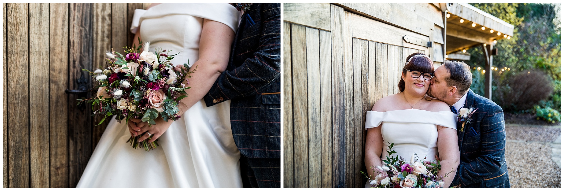 bride and groom together in front of wooden wall