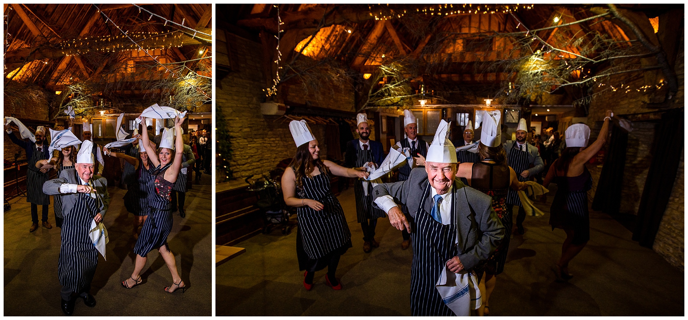 wedding guests dancing in chef hats