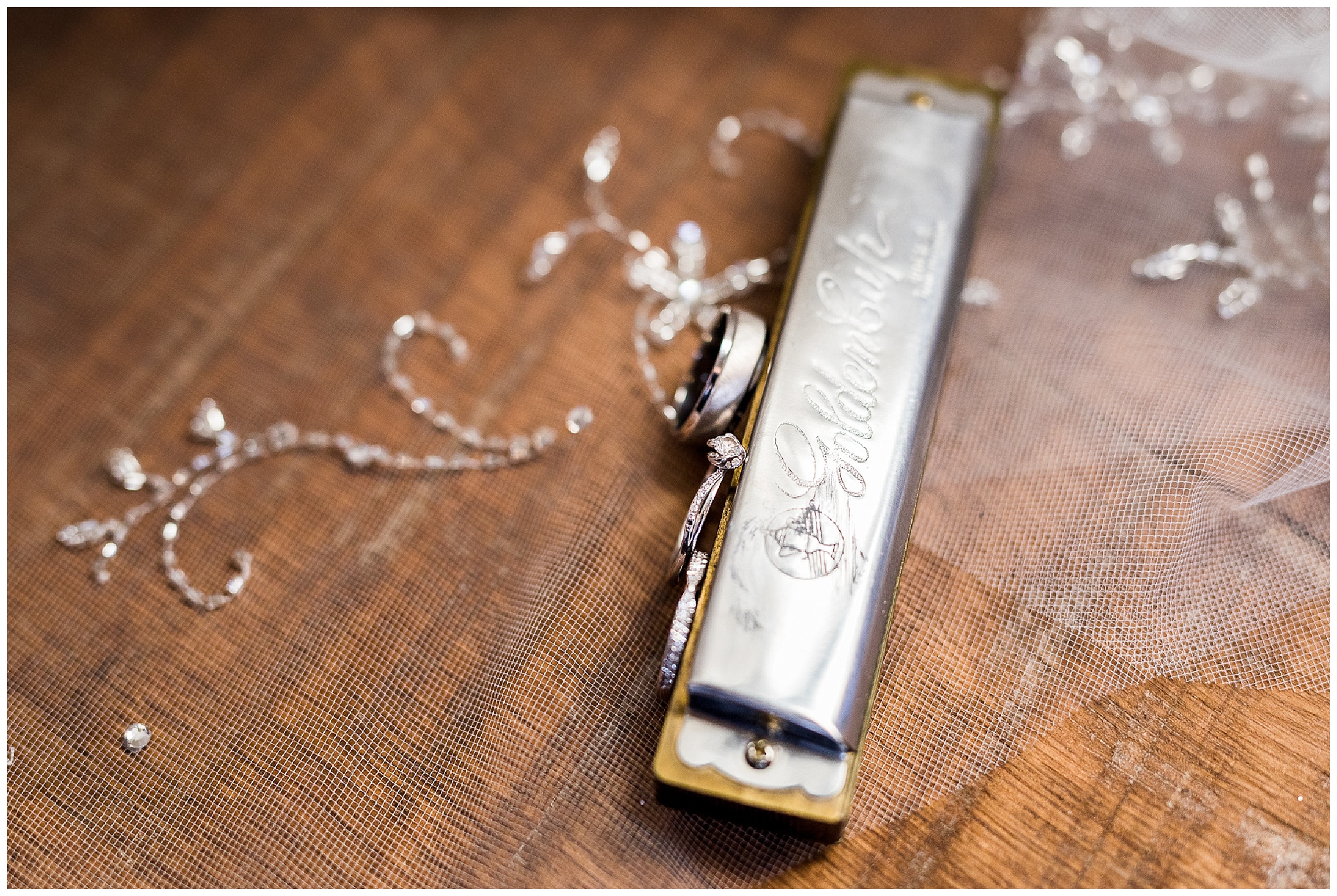 wedding rings with veil and silver harmonica