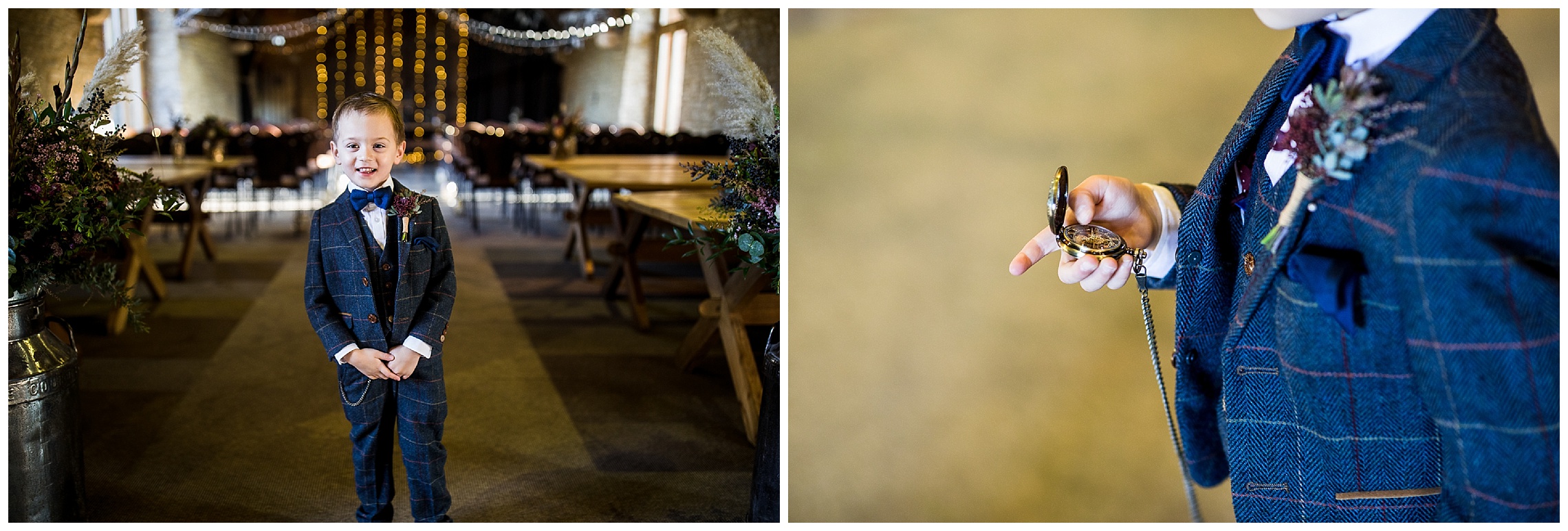 little boy in suit with bow tie in tythe barn in launton