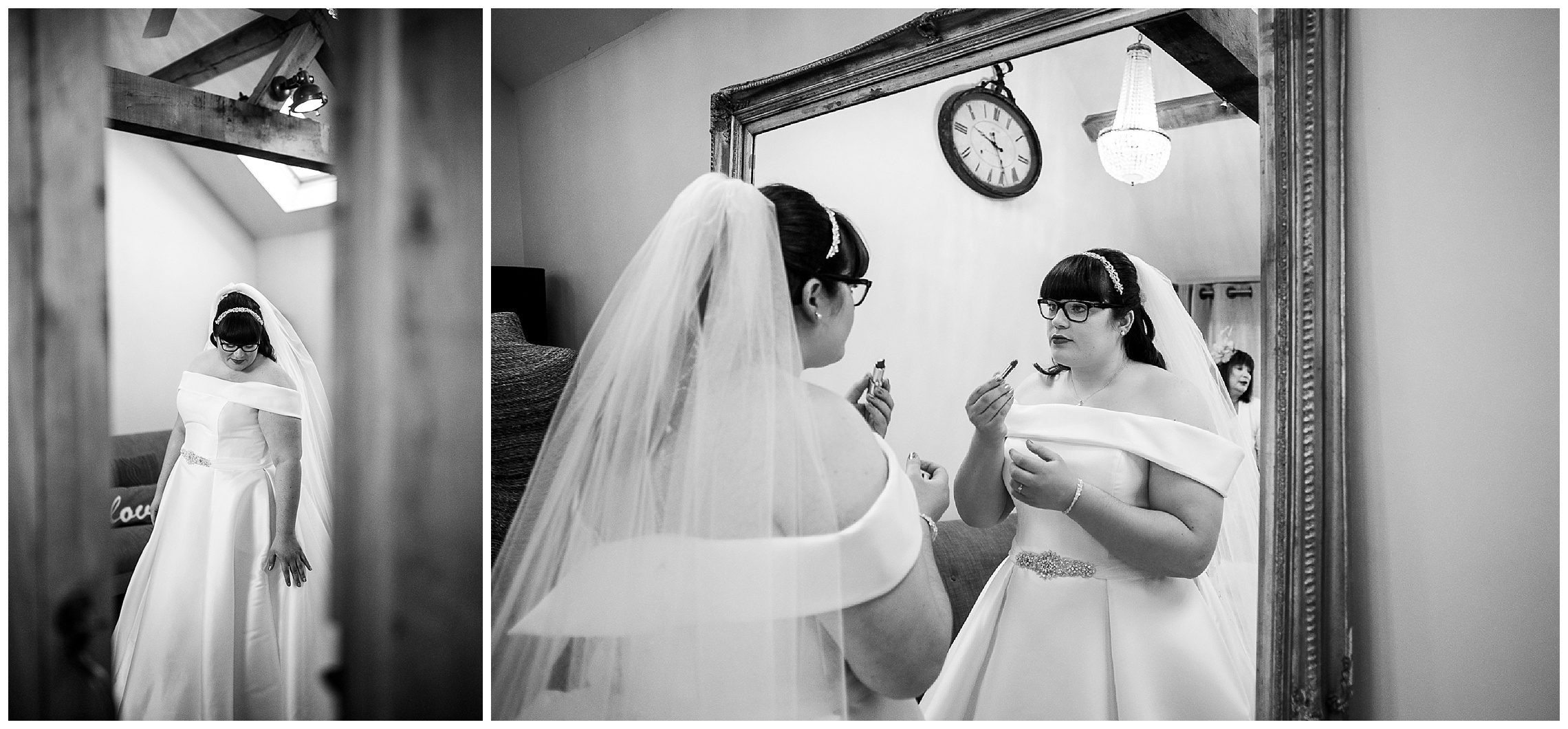bride stood in front of large mirror applying lipstick