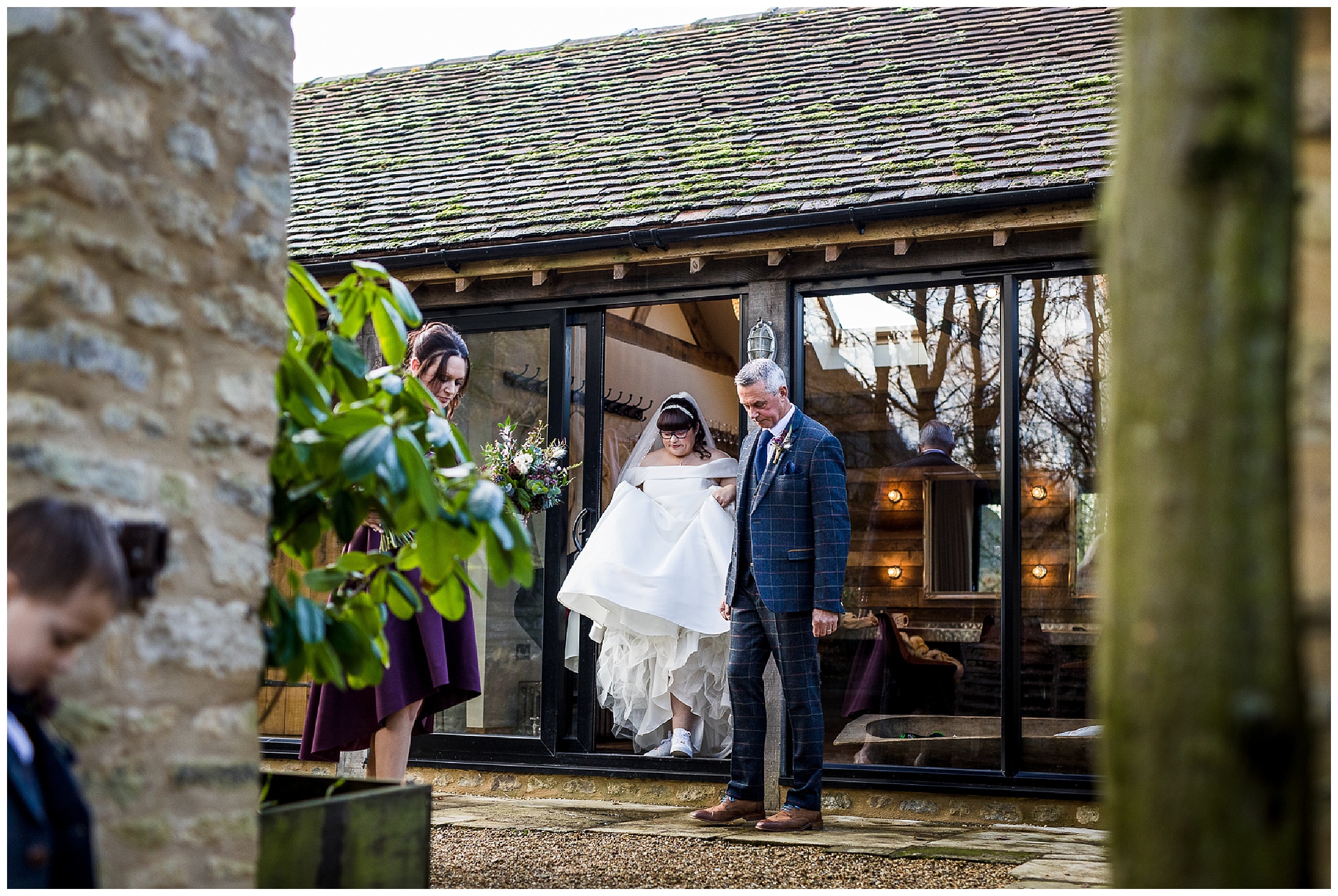 bride walks to ceremony tythe barn in launton