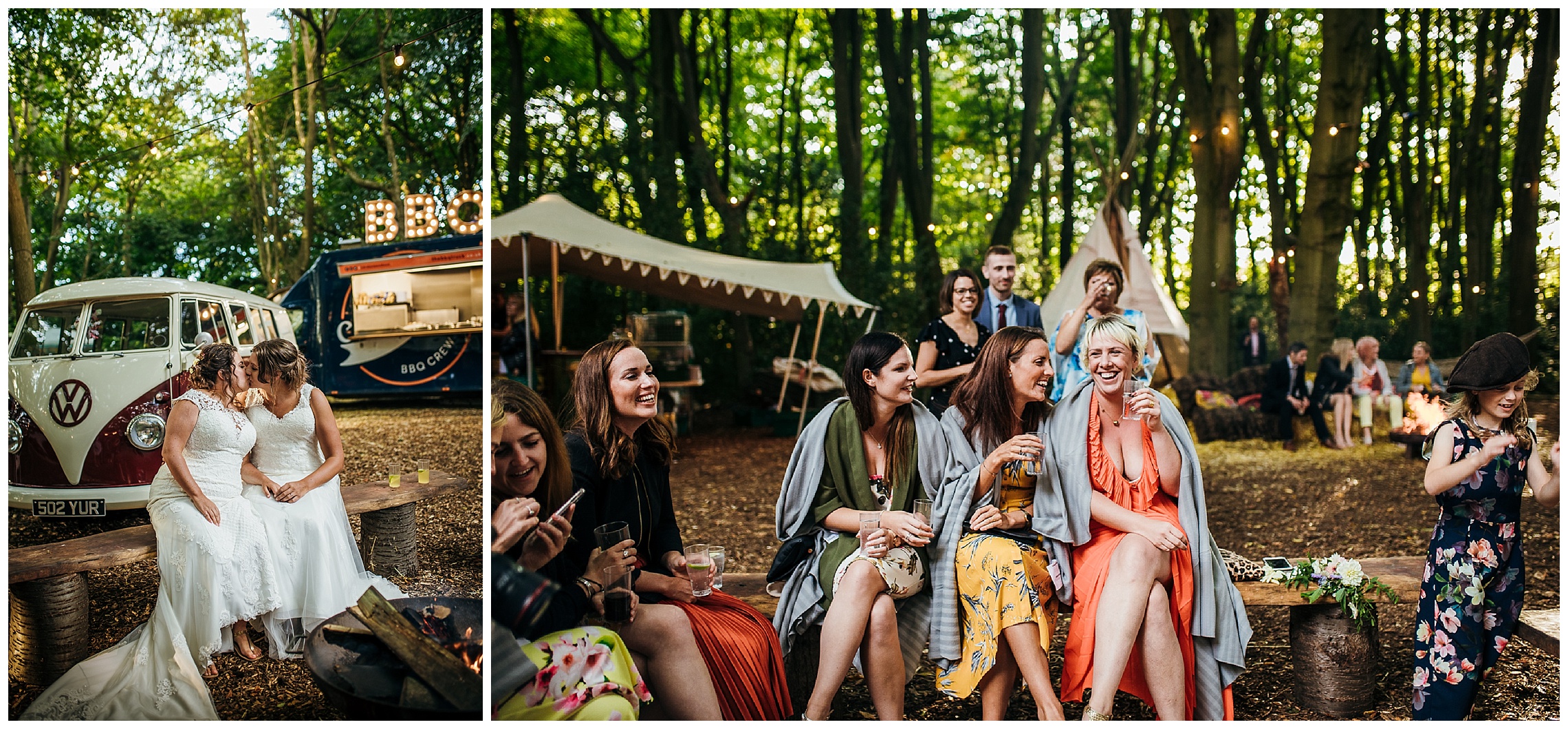 guests wrapped blankets laughing during wedding reception