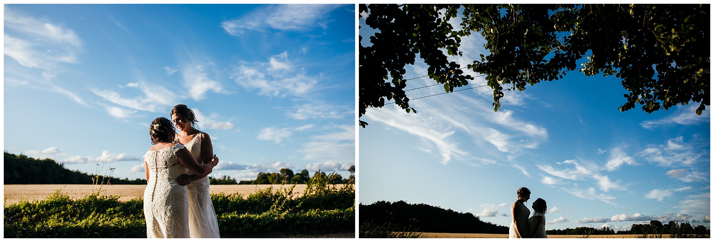 brides silhouette in front of blue skies