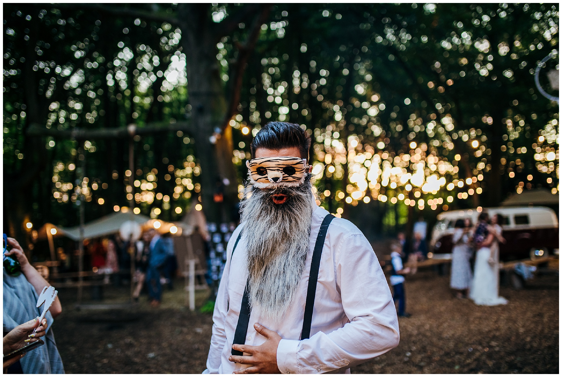 guest dressed as tiger in woodland wedding