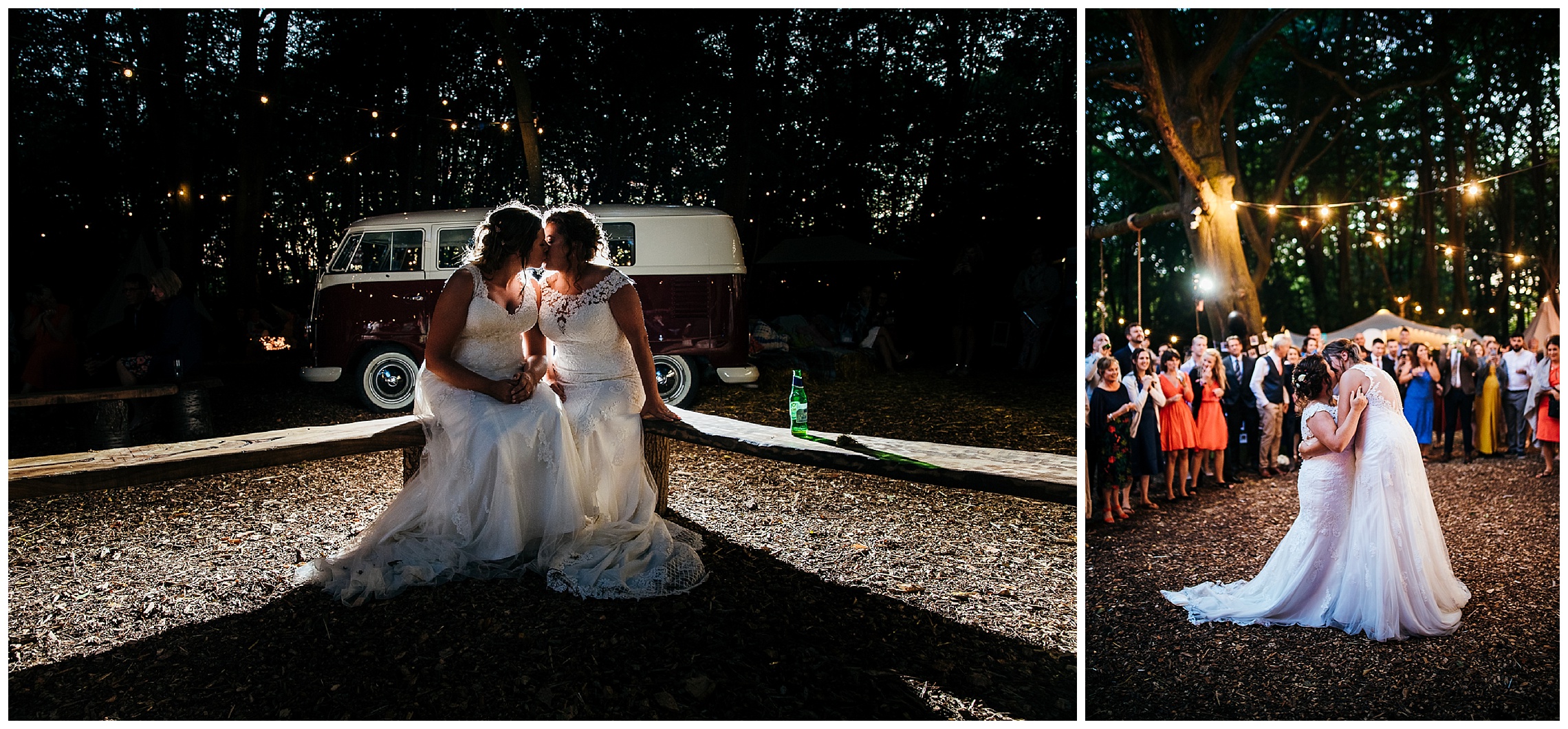 brides kiss at woodland wedding lilas wood