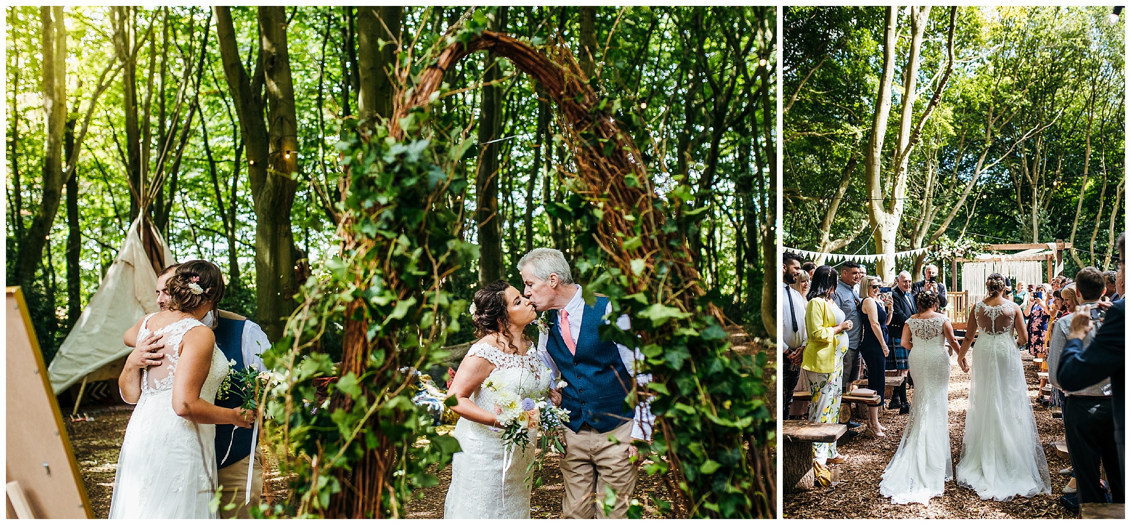 bride being kissed by her father and brother before walking down the aisle